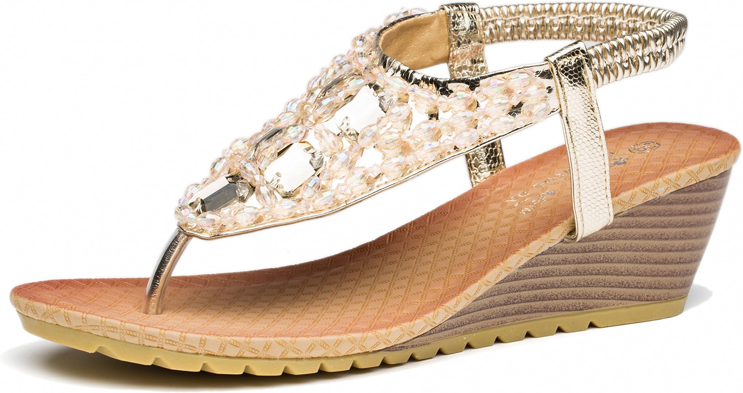 VIIHAHN Women's Wedge Sandals Summer Fashion Bohemia Medium Heel Thong Beaded Slingback Platform Shoes