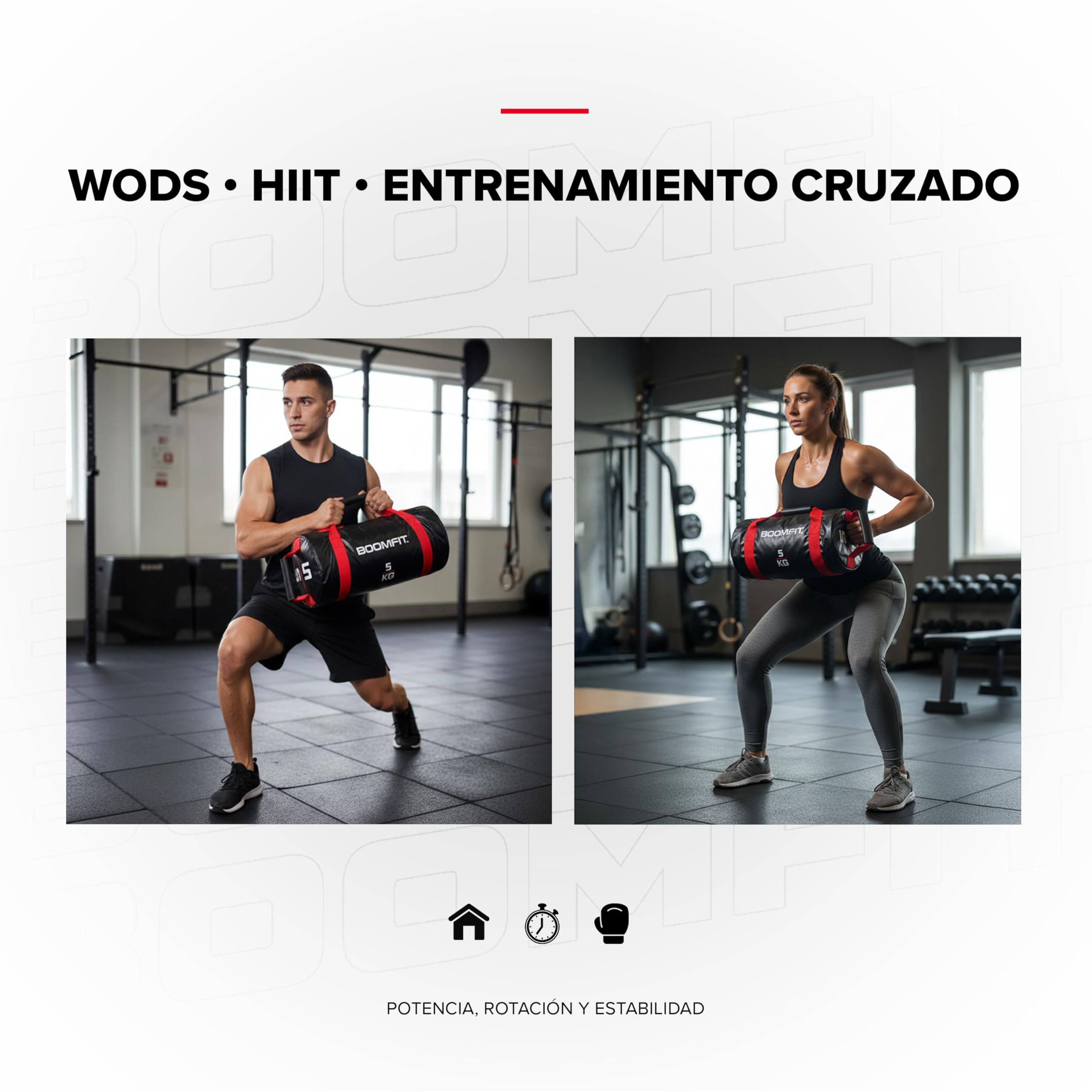 BOOMFIT Sac Lesté 5-30kg Musculation Crossfit | Sandbag avec 4 Poignées et Sable Stable | Force Fonctionnelle et Core pour HIIT et WOD | Matériel Fitness pour Sportifs et Home Gym