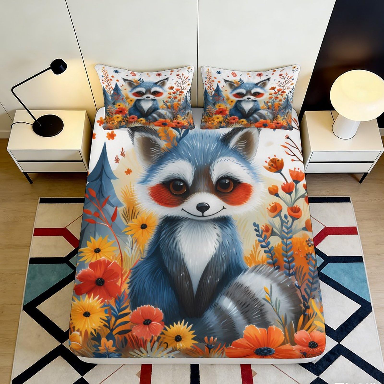 3D Printed Raccoon Forest Fitted Sheet Microfiber Soft Orange Flowers Bed Cover for Bedroom Dorm Decor 90x200x25cm