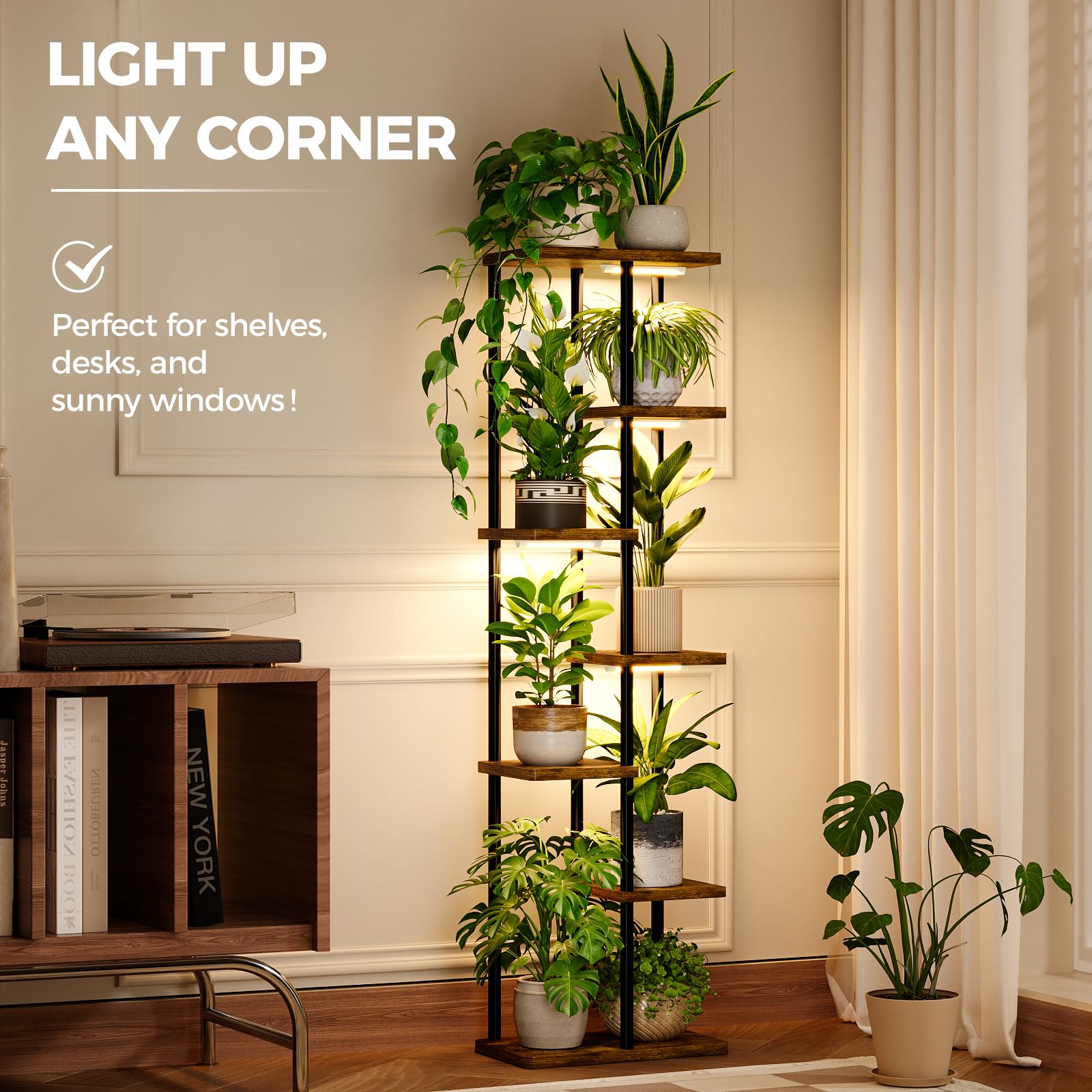 Bamworld Blumenständer mit Pflanzenlampen, 7 Stufiges Eck-Pflanzenregal aus Holz & Metall,Stabiler Indoor Pflanzenhalter für Wohnzimmer Balkon Schlafzimmer,Pflanzen Display Regal Dekoration