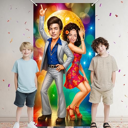 Cartel de puerta de fotos de baile de discoteca retro para fiesta, telón de fondo de fiesta de los años 70 y 80, bola de espejo dorada para parejas,