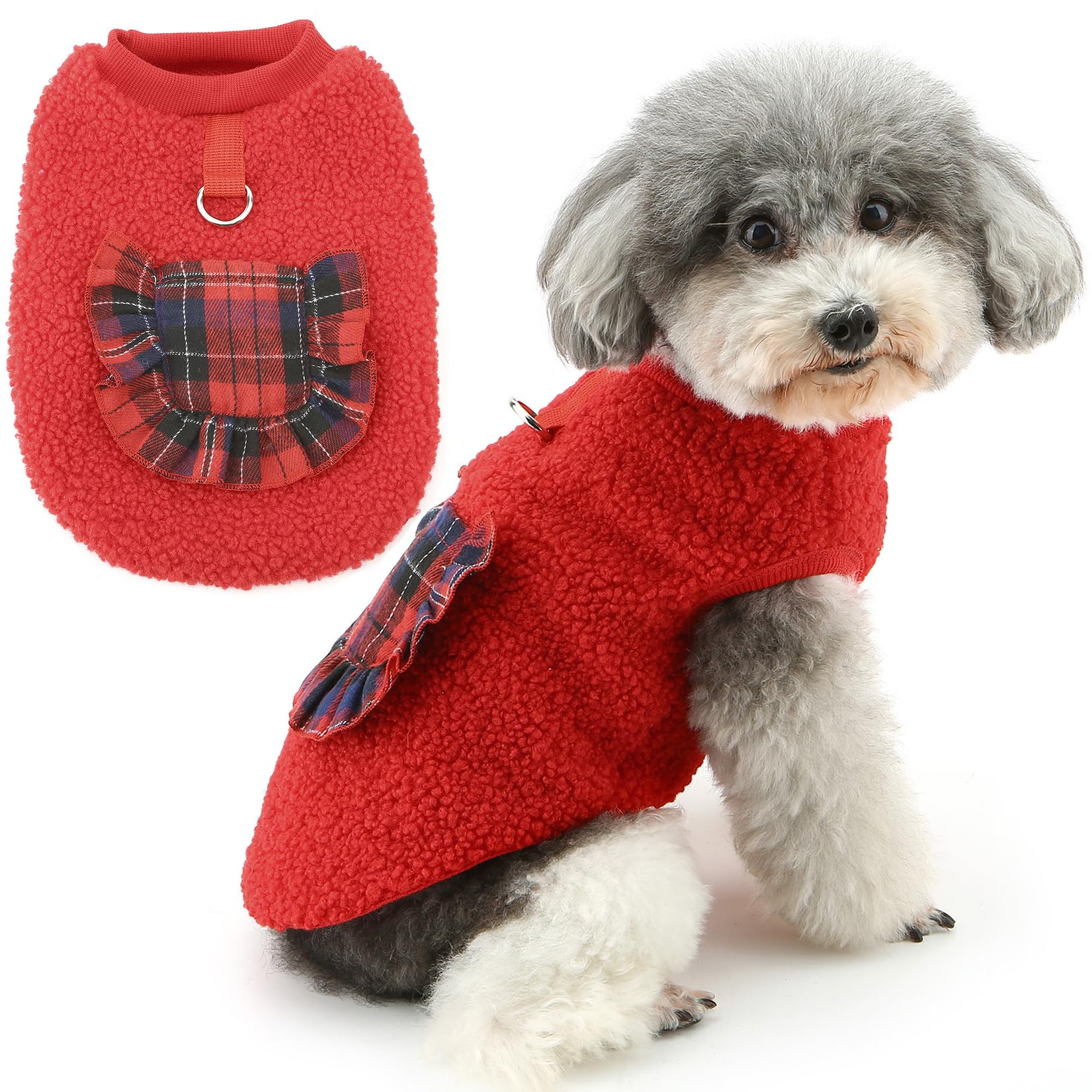 Zunea Sherpa Fleece Dog Jumpers for Small Dogs Winter Warm Xmas Sweater Jumper with D-Ring Soft Pullover Puppy Clothes Cold Weather Jacket Coat with Plaid Pocket XS/S Size Pet Chihuahua Apparel Red M