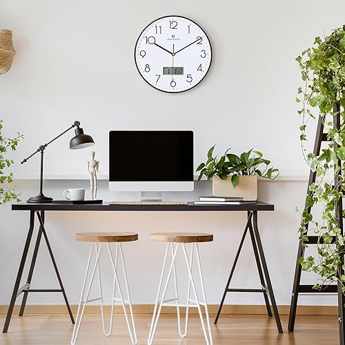 Miniatura 3 de Lafocuse Reloj de pared negro con fecha, mes, día de la semana y temperatura, silencioso sin tictac, funciona con pilas, para decoración de sala de