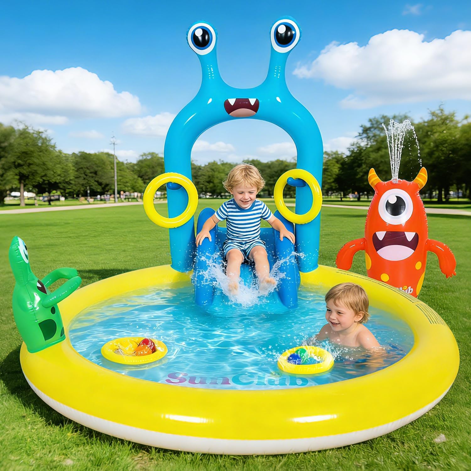 Inflatable Splash Pad for Kids - Monster Spray Pool Set with Slide Sprinkler Toss Rings & Balls, 70"x67"x54" Fun Outdoor Water Toy for Summer Backyard Seaside