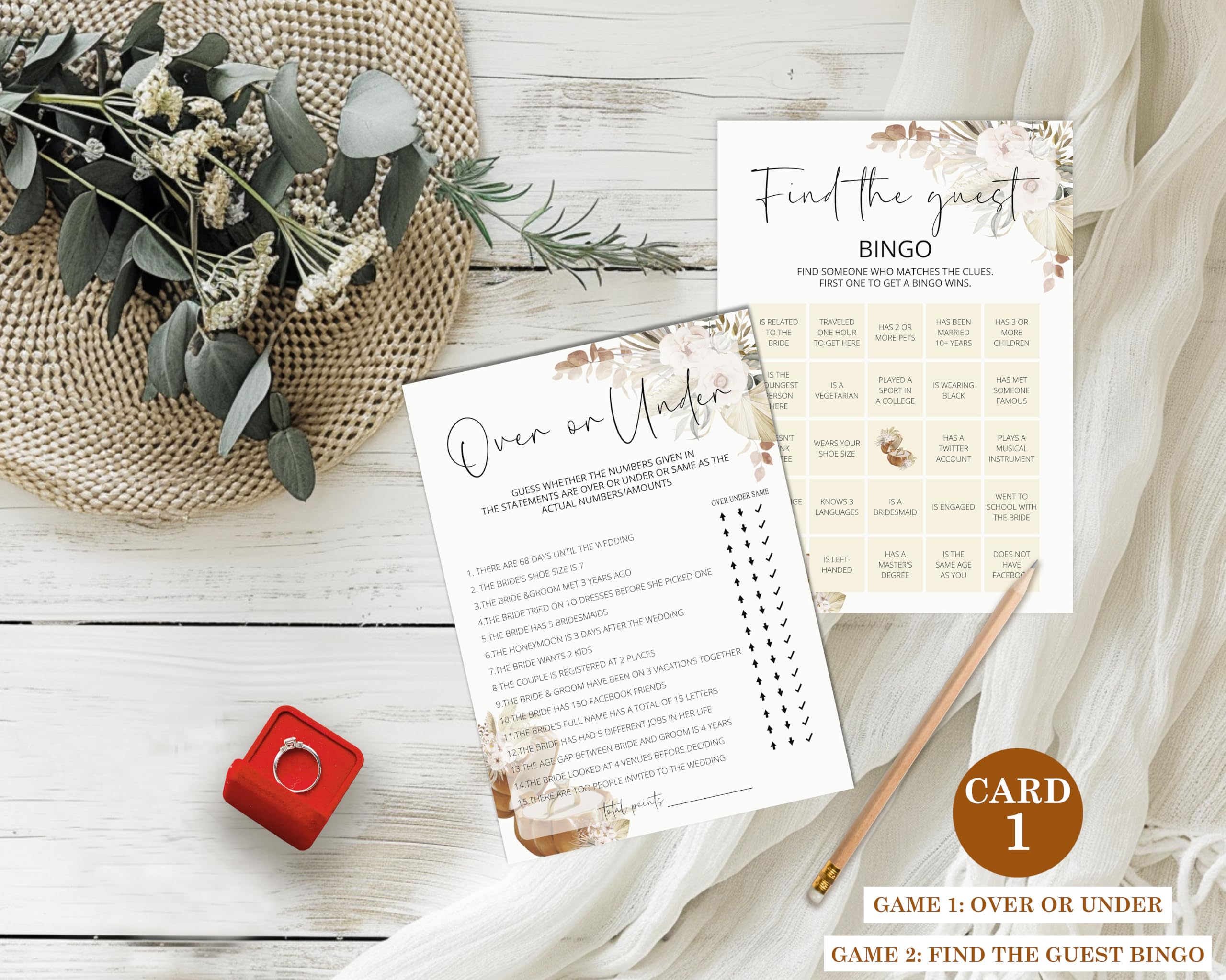 Zestaw gier dla nowożeńców - 4 kwiatowe gry ślubne w stylu boho dla 25 gości - zawiera ponad lub poniżej, tradycje ślubne, bingo - Love is in Bloom upominki na wieczór panieński - jesienna dekoracja
