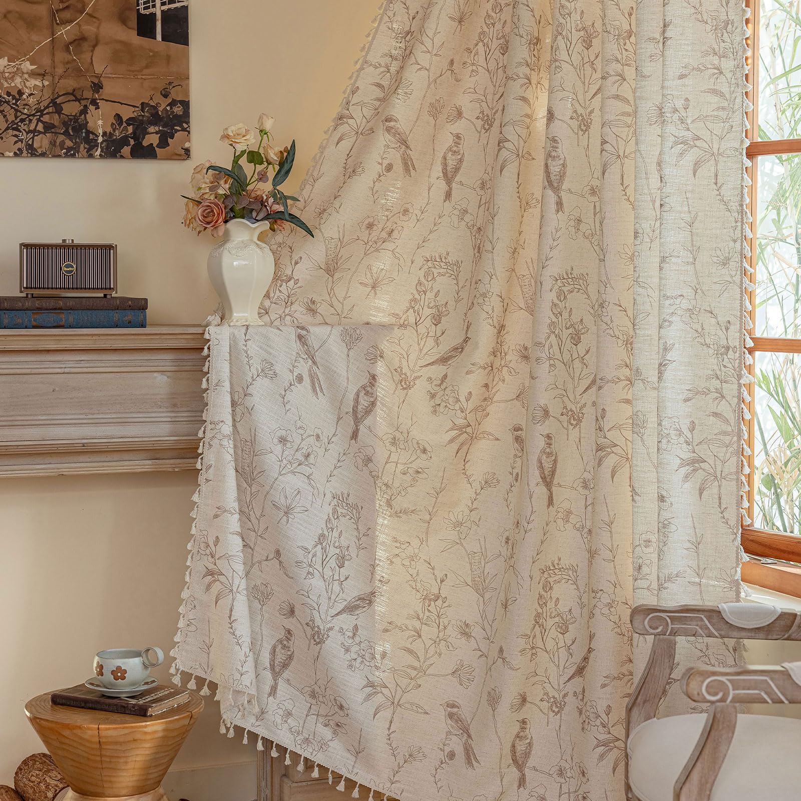 ENJOYBRIDAL Floral Curtains 96 Inches Long Farmhouse Semi Sheer Drapes Bird Patterned Rod Pocket 2 Panel Sets Boho Window Curtains Bedroom Living Room