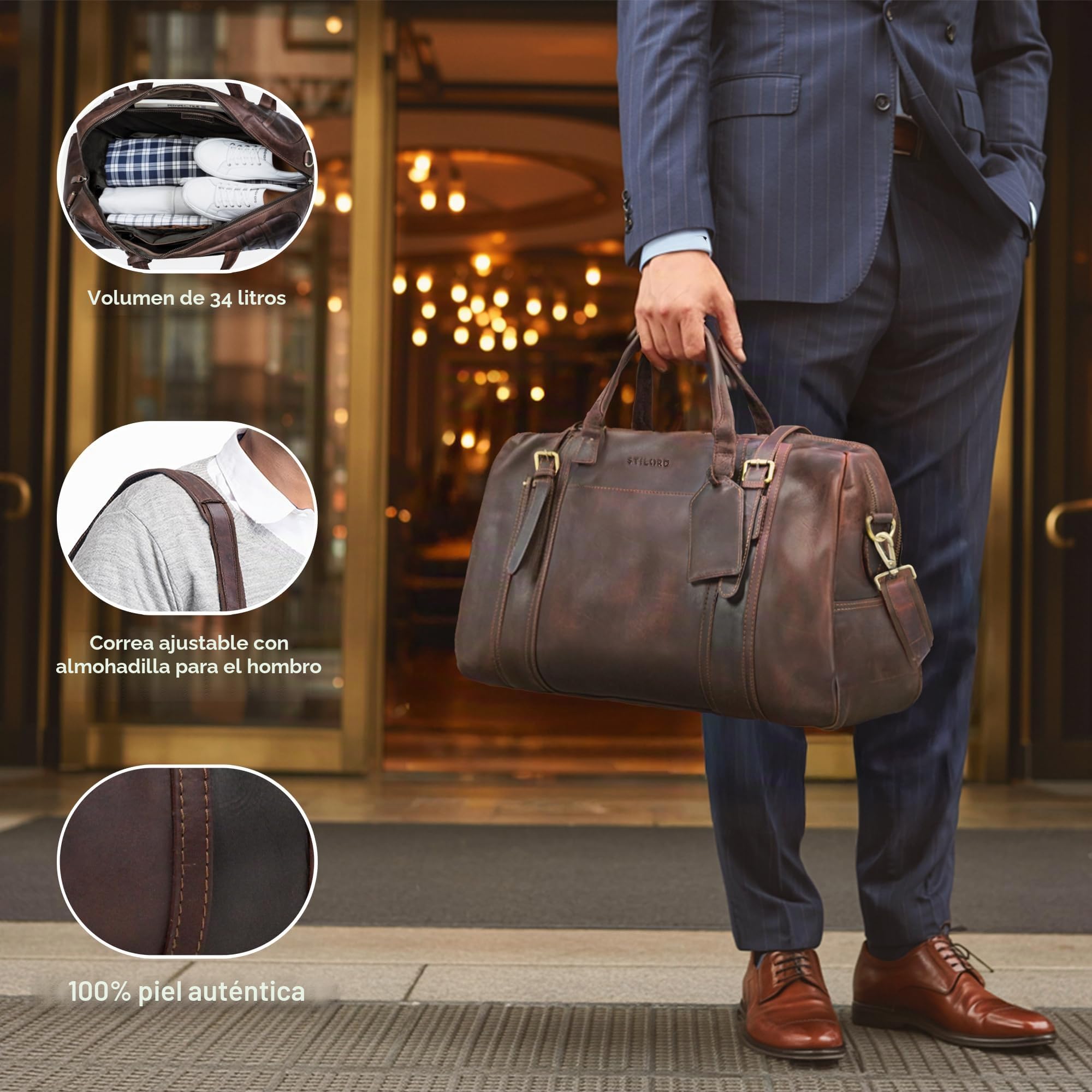 STILORD Vega Vintage Bolsa Viaje Piel Marrón Pequeño Bolso de Viaje Cuero Genuino Bolsa Fin de Semana Mujer Hombre Deporte Duffle Bag con Asa y Bandolera 34 L, 50x23x30
