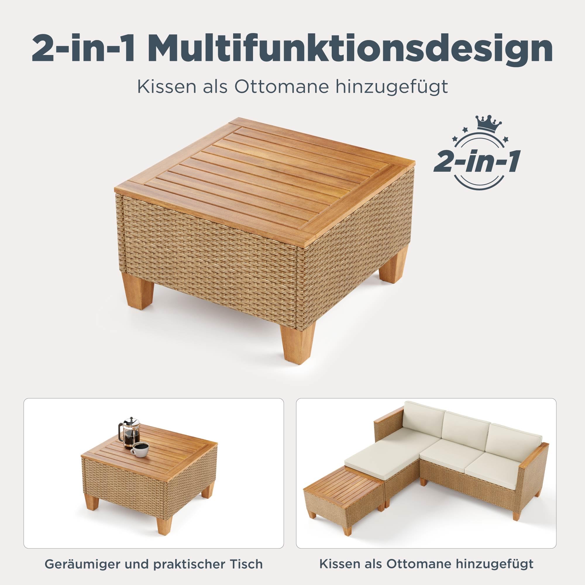 PHI VILLA 3 Teilig Gartenmöbel Set Balkonmöbel, Rattan Lounge Möbel Outdoor mit 1 Chaiselongue, 1 Zweisitzer-Sofa und 1 Kleiner Couchtisch, 4 Personen Terassenmöbel Außen Gartensofa