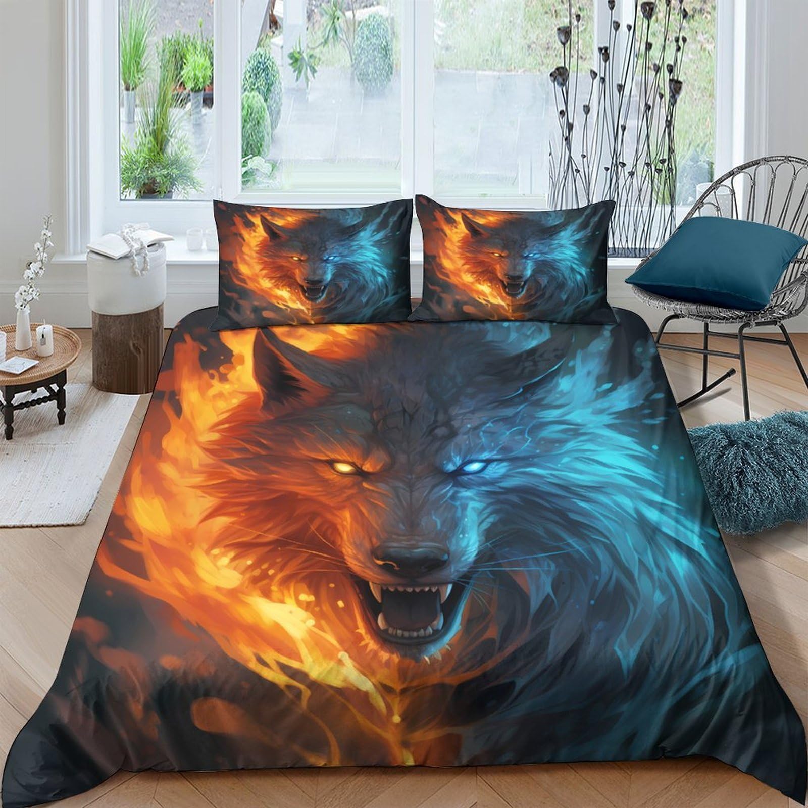 Ctjqhvkz Style-2 3D Printed Fire Wolf Fitted Sheet Microfiber Soft Blue Flame Mattress Cover For Bedroom Dorm Mattress Protection Decor Single（135X200cm）