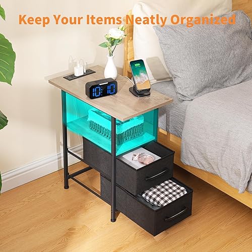 Miniatura 7 de Mesa auxiliar estrecha con luz LED y puerto USB C, juego de 2 mesas de noche con estación de carga, mesa auxiliar pequeña con 2 cajones de tela,