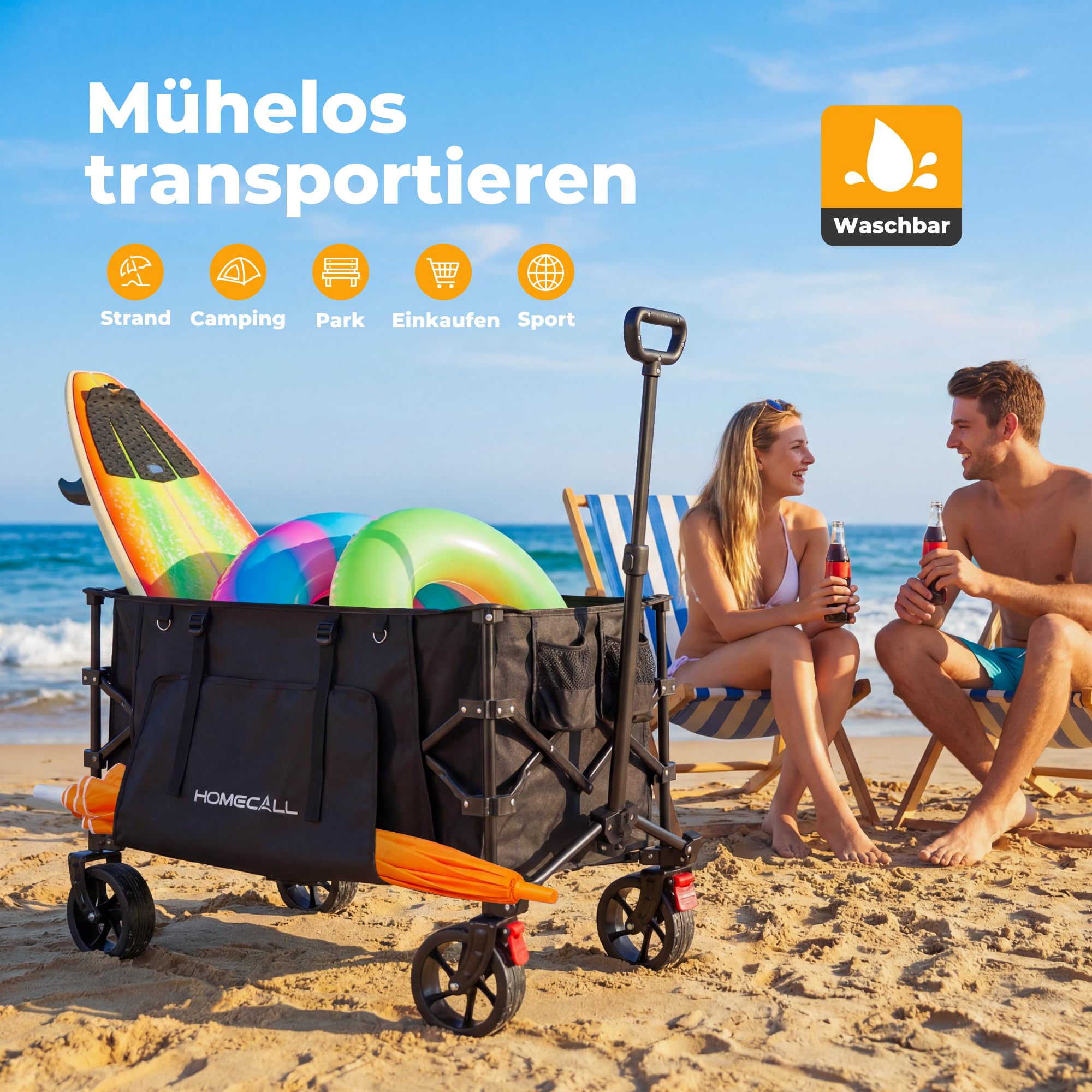 Bollerwagen Faltbar 200L 200KG Belastbar, Strandwagen Klappbar mit Regenschutz, Reflektorstreifen, Bremsen; Breite Reifen All Terrain Faltbarer Strandwagen Für Camping, Strand, Outdoor