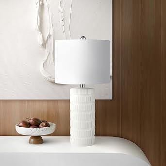 Abani Table Lamp Alina Textured Cylinder 23.5 Contemporary White Ceramic Base with White Linen Shade E26 Bulb Included Modern Desk Lamp for Bedroom, Living Room Lamp, Dorm or Nightstand