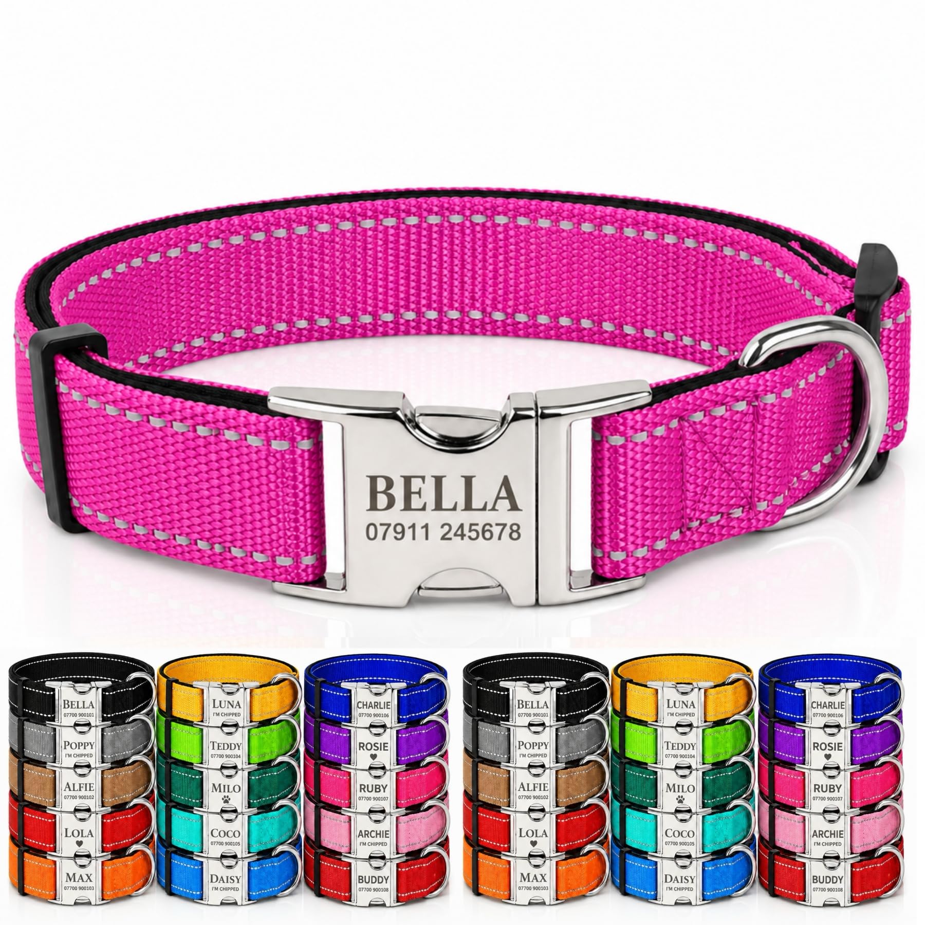 Personalised Pet Nylon Collar Custom Reflective Dog Collar Deeply Engraved In UK Name and Phone Number Adjustable Soft Collar Padded Collar For Small Medium Large Dogs Cats Sheep for Night Walking