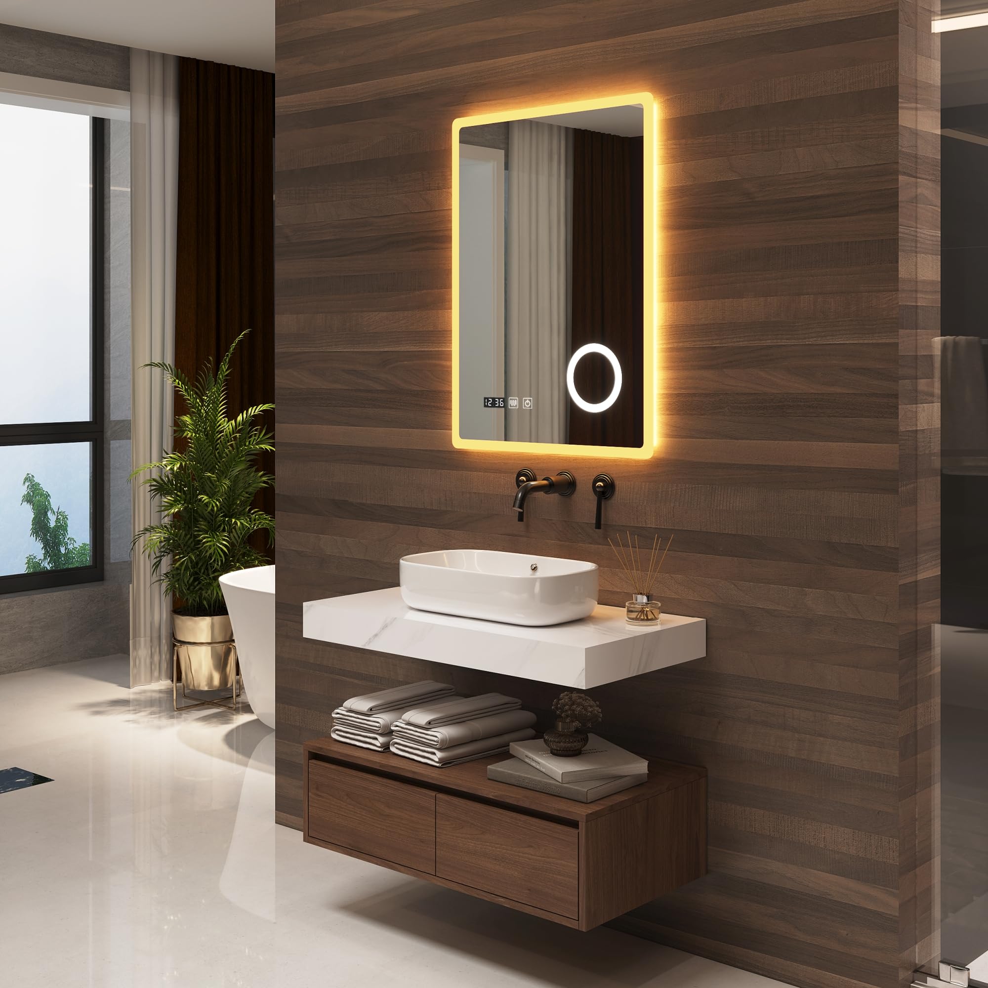 Miroir De Salle De Bain Lumineux YOURLITE 80x60 Cm - 18 LED, 3 Couleurs Dimmables - Anti-buée - Affichage Heure/température - Noir