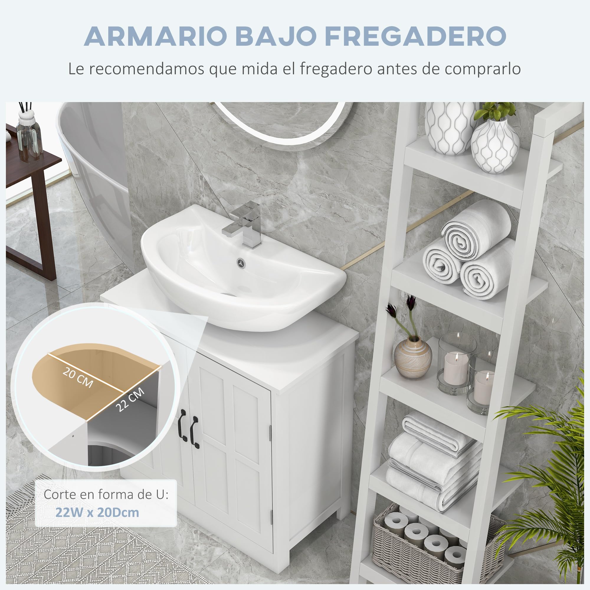 kleankin Mueble para Debajo del Lavabo, Mueble Baño 60x30x60 cm Blanco | Armario Bajo del Lavabo, Estante Ajustable, Puerta Doble, Carga 20 kg