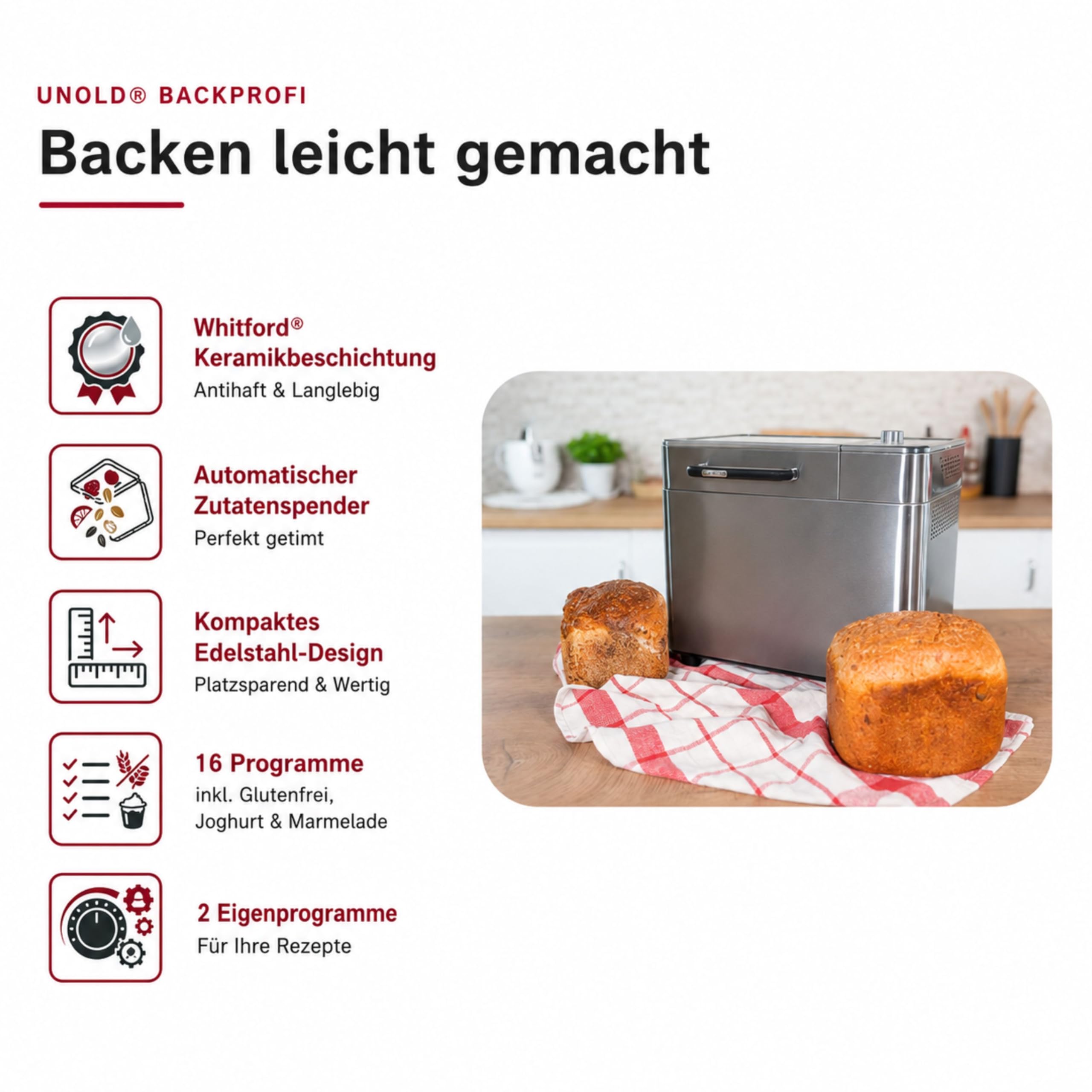 UNOLD Brotbackautomat BackProfi 68476 – Brotbackmaschine mit automatischer Zutatenspender, 18 Programme inkl. Glutenfrei & Joghurt, Touchscreen, Timer bis 15 h, Warmhaltefunktion - bis 1000g Brot