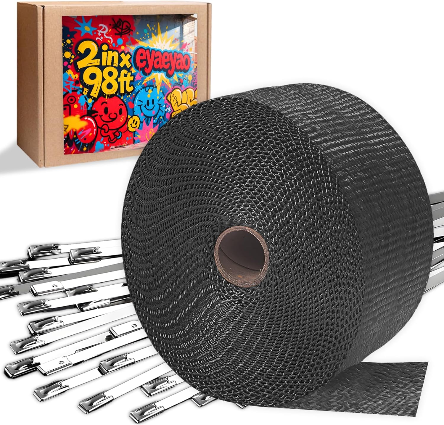 Exhaust Wrap | Titanium Exhaust Heat Wrap | Header Wrap | Heat Shield Tape with 20 PCS 11.8 Inch Stainless Steel Ties for Motorcycle Car Truck (Black, 2" x 98')