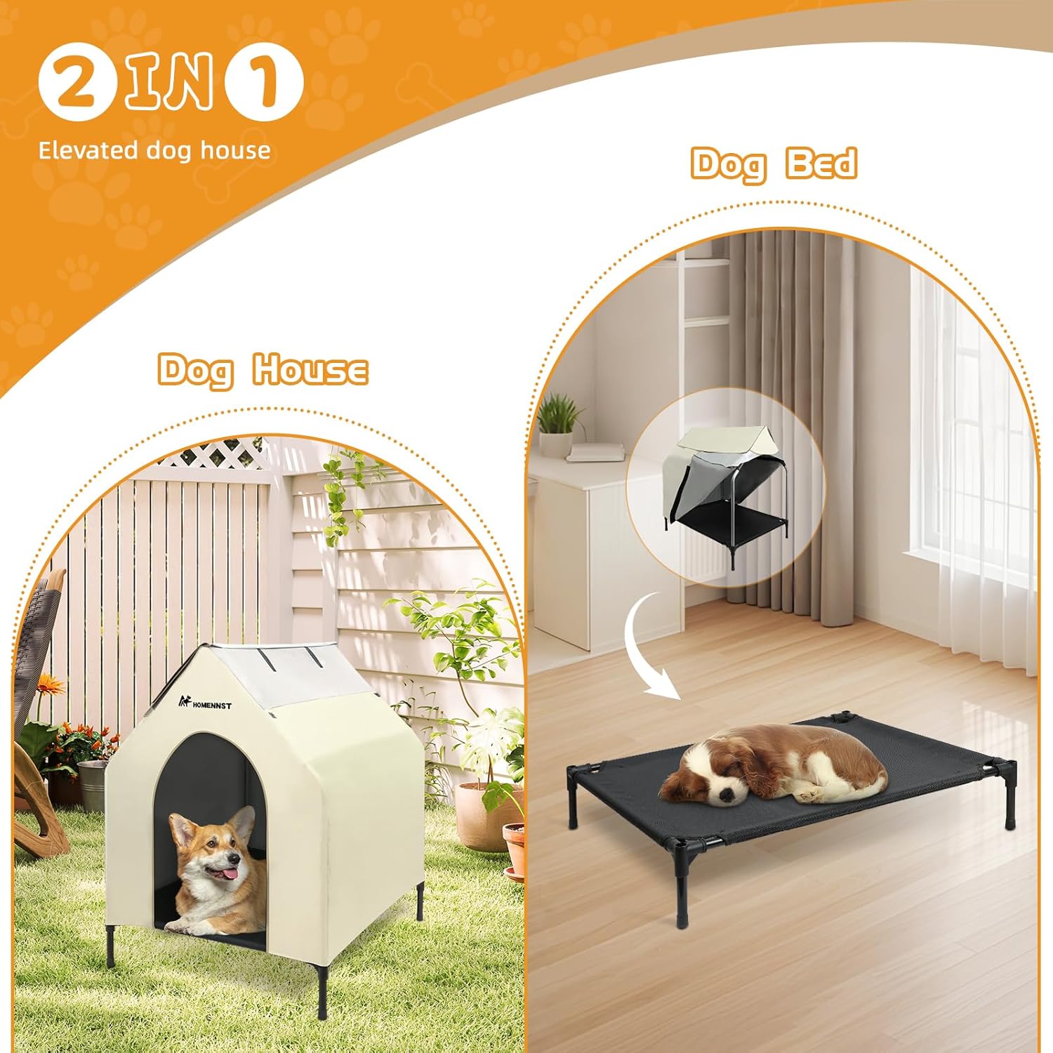 Outdoor Dog House, 2-in-1 Dog House for Small/Medium Dogs, Thicken Weatherproof Canopy Puppy Shelter Elevated Dog Bed with Windows (White, 36 Inch)