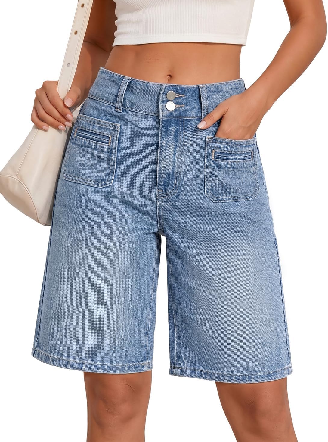 EMMIOL Bermuda Jean Shorts for Women Long Knee Length High Waisted Stretchy Cotton Jorts with Pockets Denim Summer Clean Fit