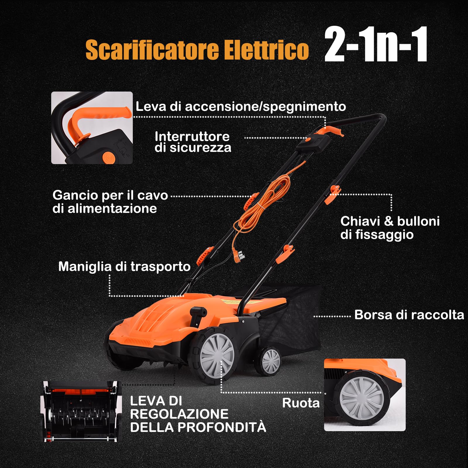GYMAX Scarificatore Arieggiatore Elettrico, Rastrello, Design 2 in 1, Altezza Regolabile, 30L Sacchetto per la Raccolta dell'Erba, Maniglia Pieghevole (Arancione)