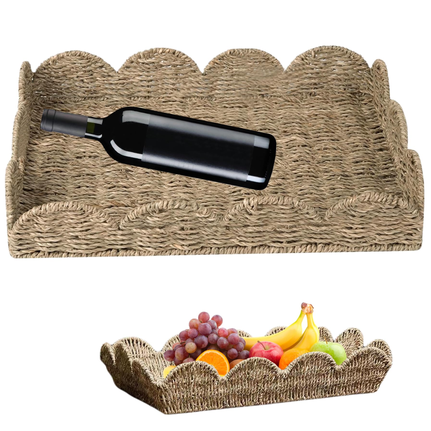 Comebachome 50*37*10Cm Rattan Tray 19.7X14.6x3.9 Inch Rustic Woven Serving Tray With Scalloped Edge And Handle For Coffee Table Living Room Desk, Ornaments De Jardin