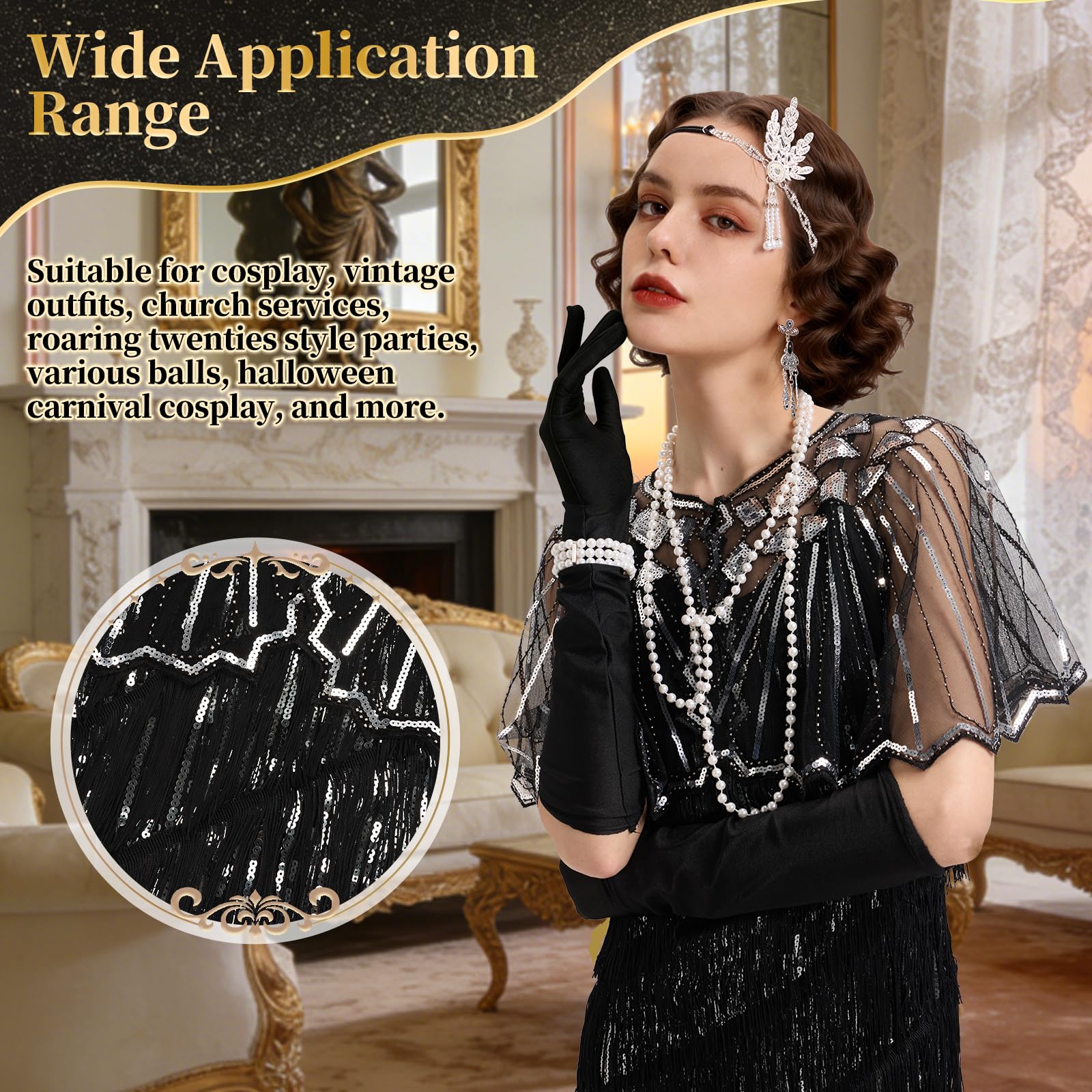 Joellfuner 20er Jahre Kostüm Damen, Gatsby Fransen Kleid Damen, Charleston Flapper Pailletten Outfit mit Kopfbedeckung Handschuhen Halskette Armband Ohrringen für Halloween Karneval Fasching