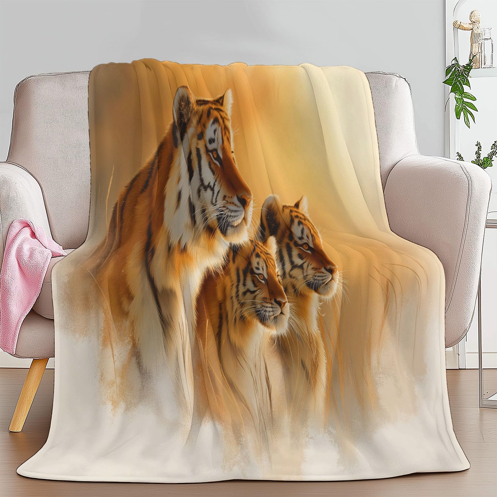 Generico Złoty miękki i puszysty koc 200 x 200 cm, ciepły koc flanelowy surrealizm zwierzęta tygrys i miękki zimowy koc dla dorosłych dzieci - do łóżka kanapy i podróży