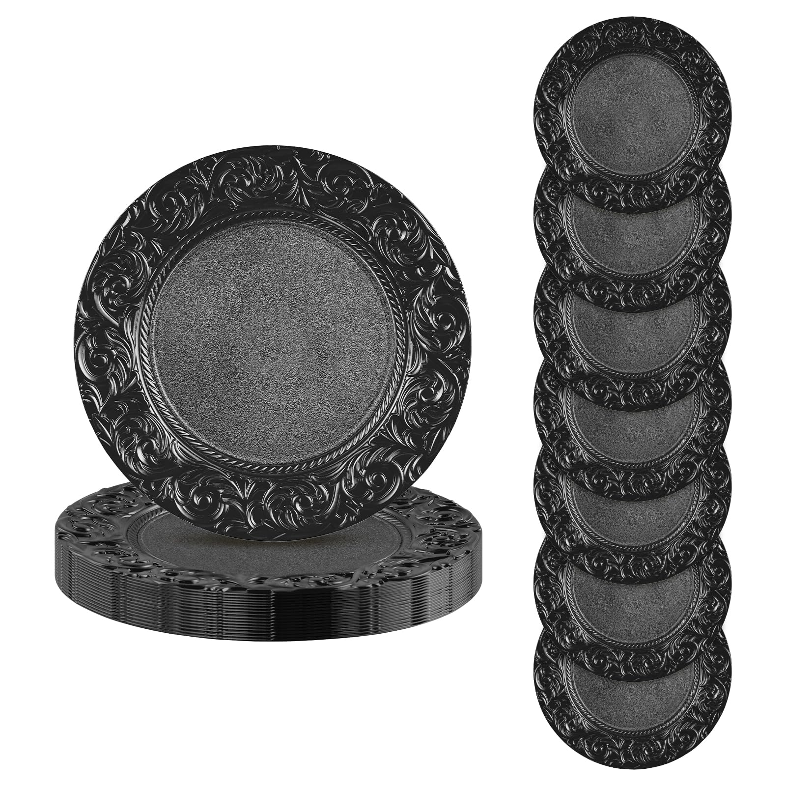 Lot de 24 assiettes de présentation rondes en plastique PP - Noir - Motif vintage en relief - Diamètre : 33 cm - Lot de 24 - Laquées d'un côté