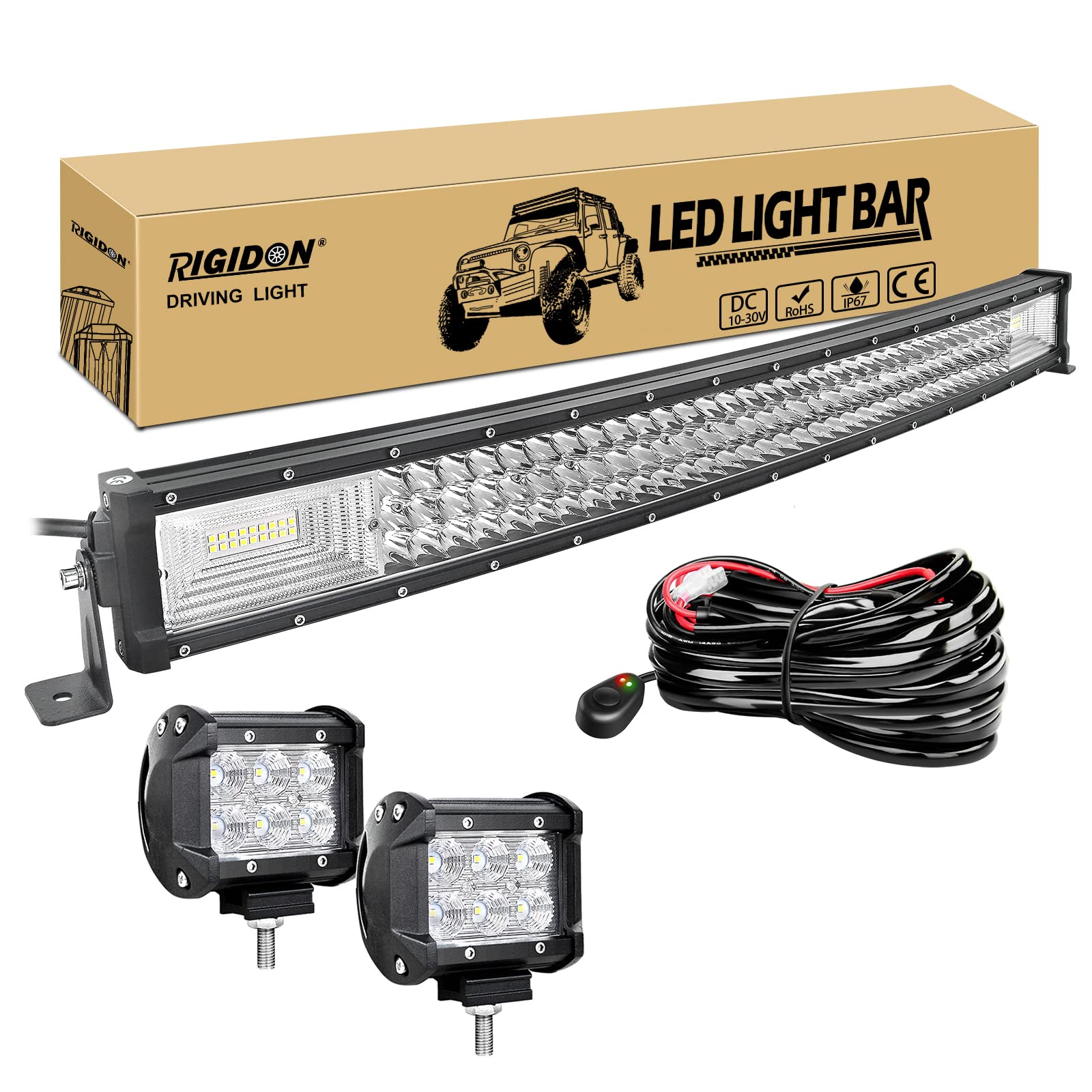 RIGIDON Curvada Barra luz led, 32 Pulgadas 80 cm 405W 12V Kit de cableado | 2x 4 pulgadas 18W luz inundacion, barras luminosas led, para off road camión coche ATV SUV 4x4 barco todoterreno, impermeable