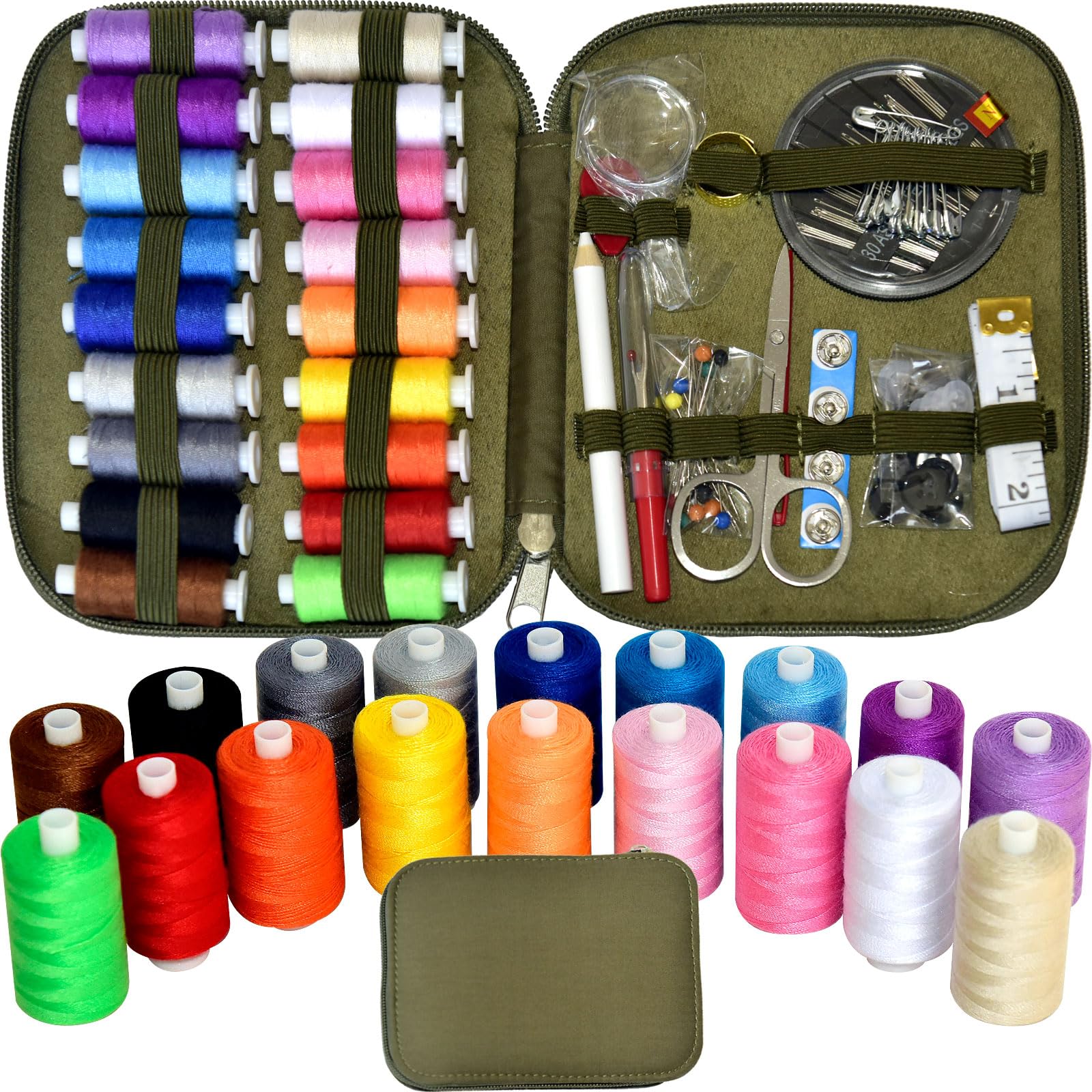 Sewing Kit with Case Portable Sewing Supplies for Home Traveler, Adults, Beginner, Emergency, Contains 18 Sewing Thread, Scissors, Needles, Measure etc,Army Green