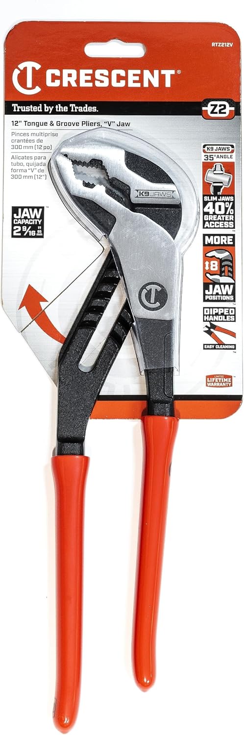 Crescent Z2 K9 V-Jaw Dipped Handle Tongue & Groove Pliers - Home Improvement, Mechanic, Plumbing & Repair Hand Tool - 12" - RTZ212V