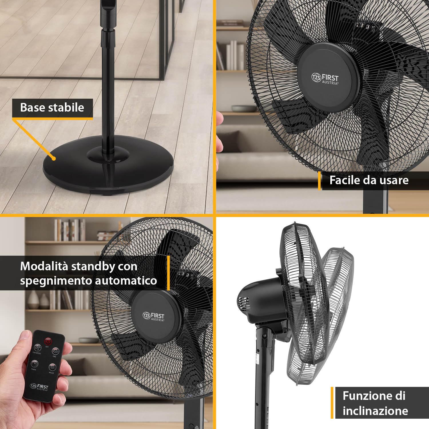 TZS First Austria - Ventilatore a piantana Ø400 mm - 45 W, 3 modalità, oscillazione 100° - Pulsanti, telecomando, timer 1-12 h - 54 dB(A) - nero
