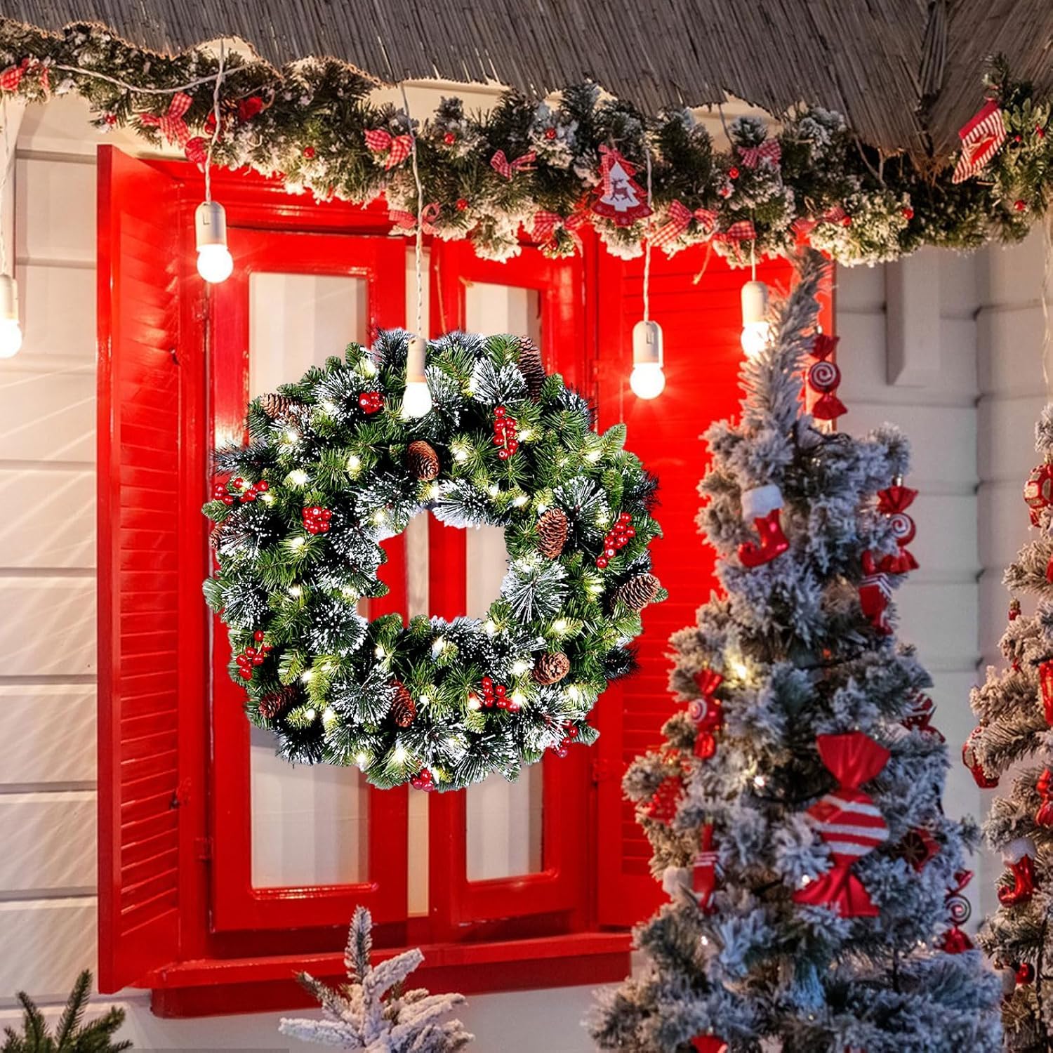 Couronne de Noël lumineuse d'extérieur de 40,6 cm avec 30 lumières LED pour porte d'entrée et fêtes de vacances