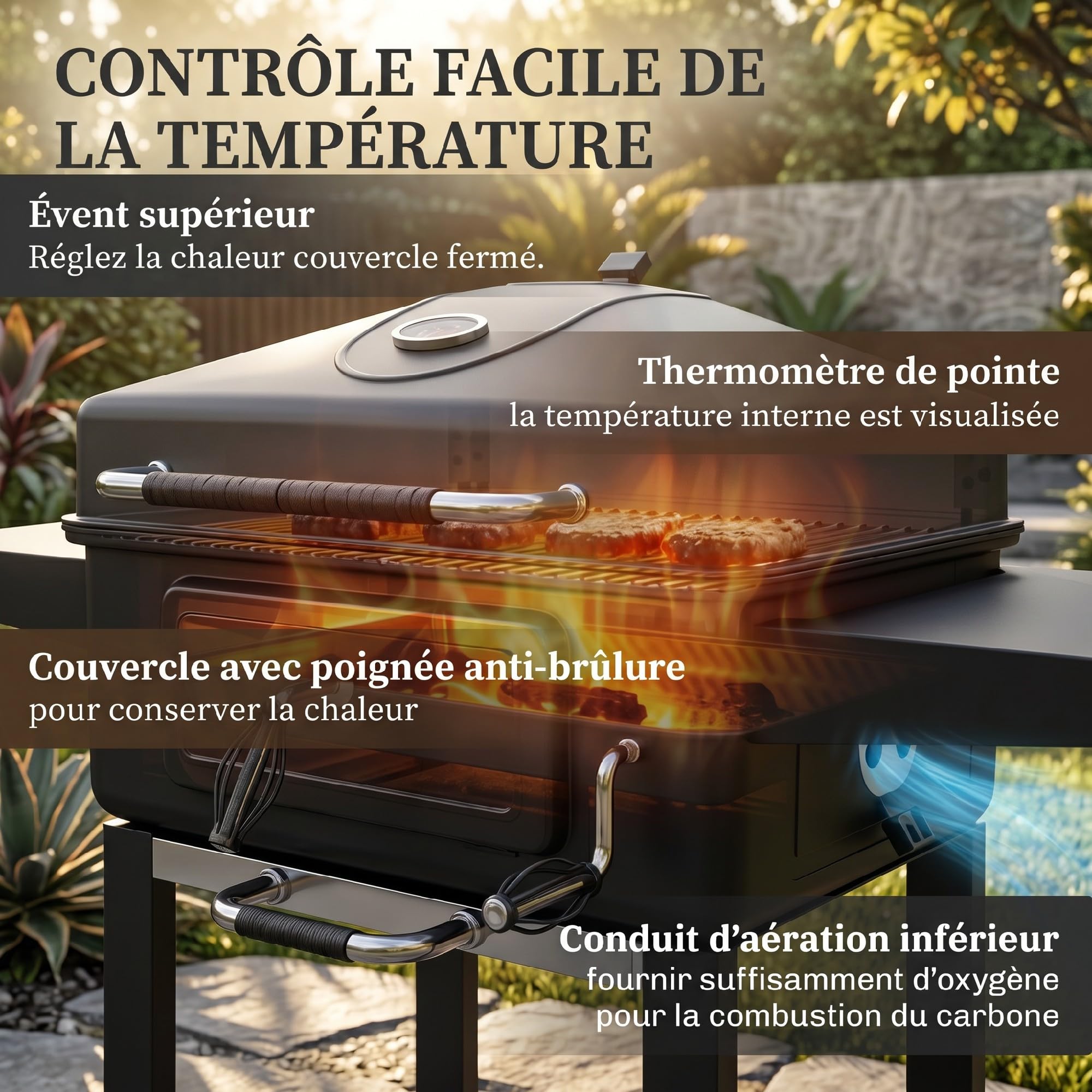 Outsunny Barbecue Charbon de Bois XXL 112cm, Couvercle Fumoir à 600°C, Noir | Thermomètre, Chariot Grill de Jardin, Bac à Charbon, Évents Ajustables, Porte de Ravitaillement