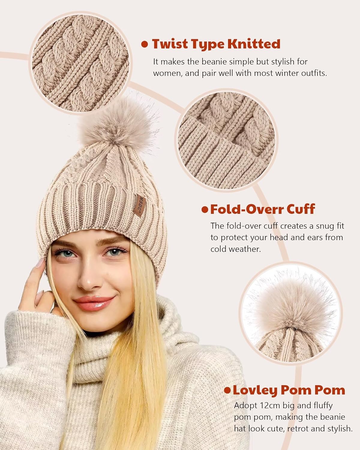 MSDC Satin Lined Beanie for Women with Pom Pom, Warm Womens Winter Hats with Silk Lined, Fashionable Knit Beanie Skull Cap - Image 4