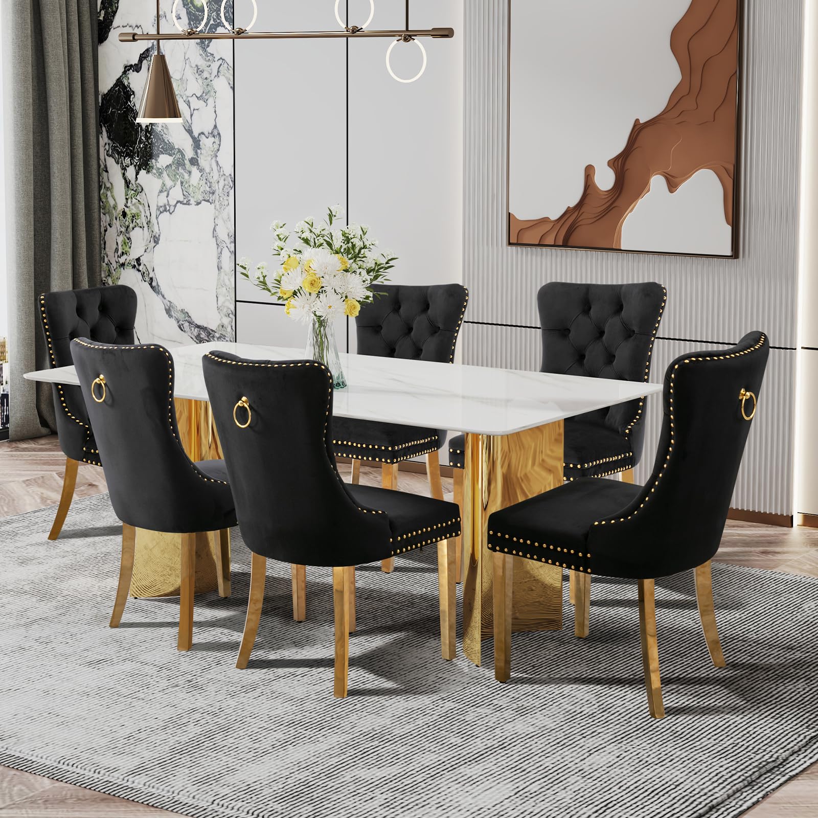 Shenyon Modern Dining Table Set for 6, White Imitation Marble Glass Desktop with Golden-Plated Base, 71'' Kitchen Table and Upholstered Dining Chairs