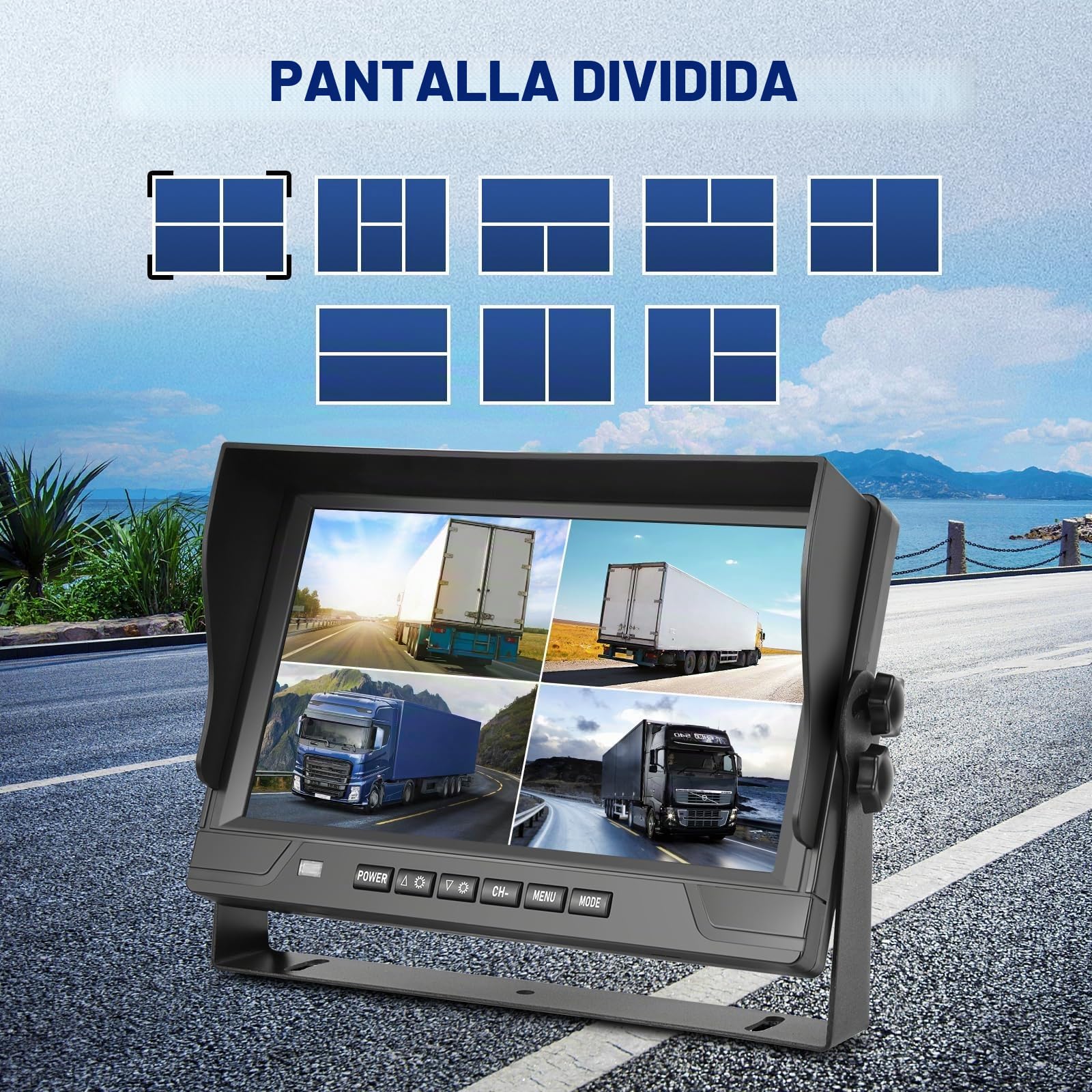 Cámara de Marcha Atrás 1080P con Monitor de 9 Pulgadas y 4 Divisiones, Compatible con 4 DVR IP68 Impermeable Visión Nocturna Camara Trasera para Camión, Caravana, Remolque con 2x10m + 2x20m Cable