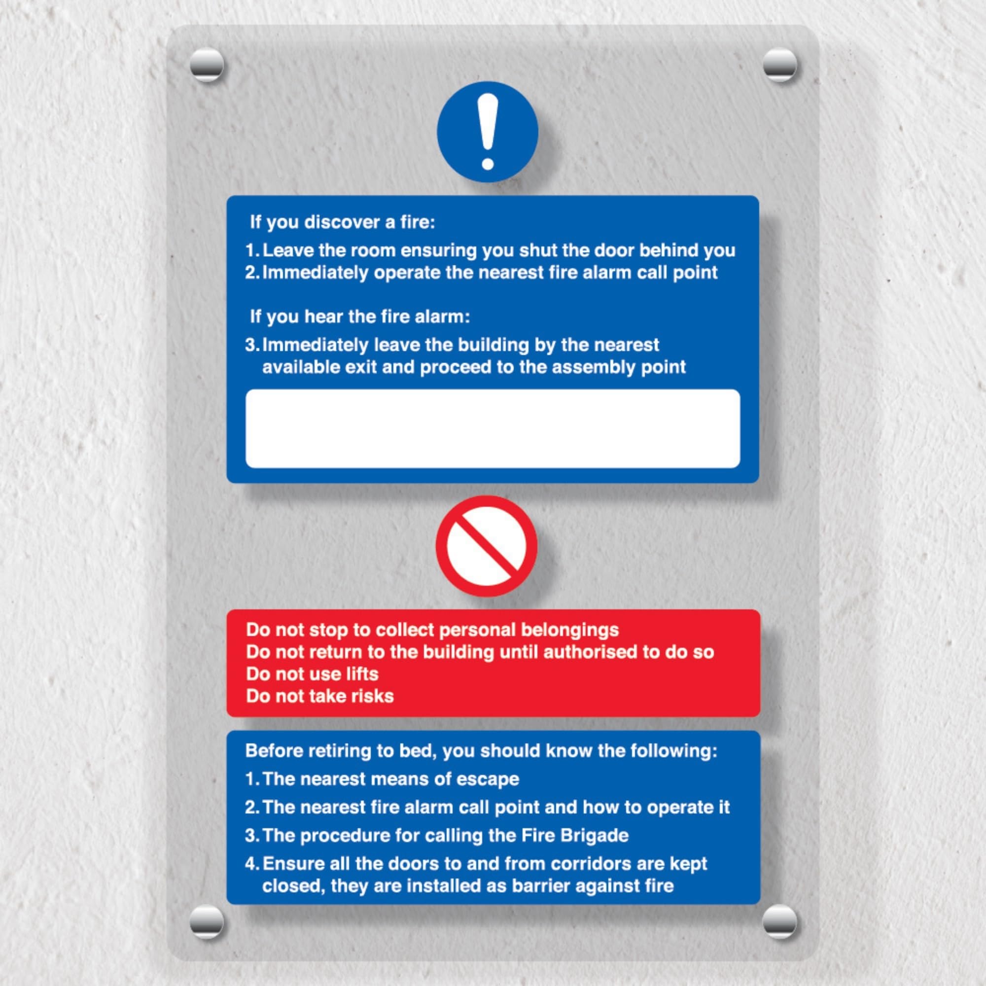 V Safety Hospital/Nursing Fire Action Acrylic Safety Sign – Discover a Fire Procedure, Clear Perspex 200x300mm