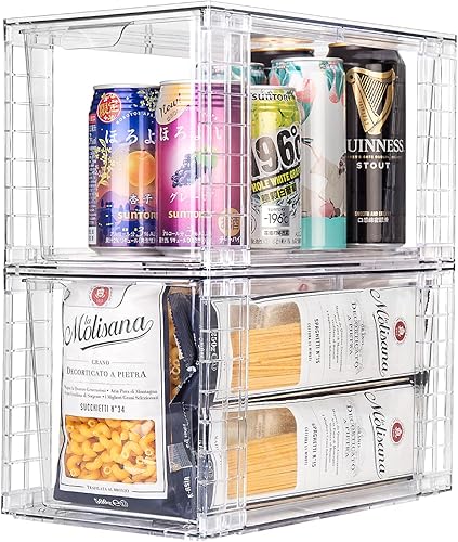 Miniatura 2 de Zero Zoo Paquete de 4 cajones grandes apilables de almacenamiento de cocina, contenedores organizadores de alimentos transparentes con asas, fácil