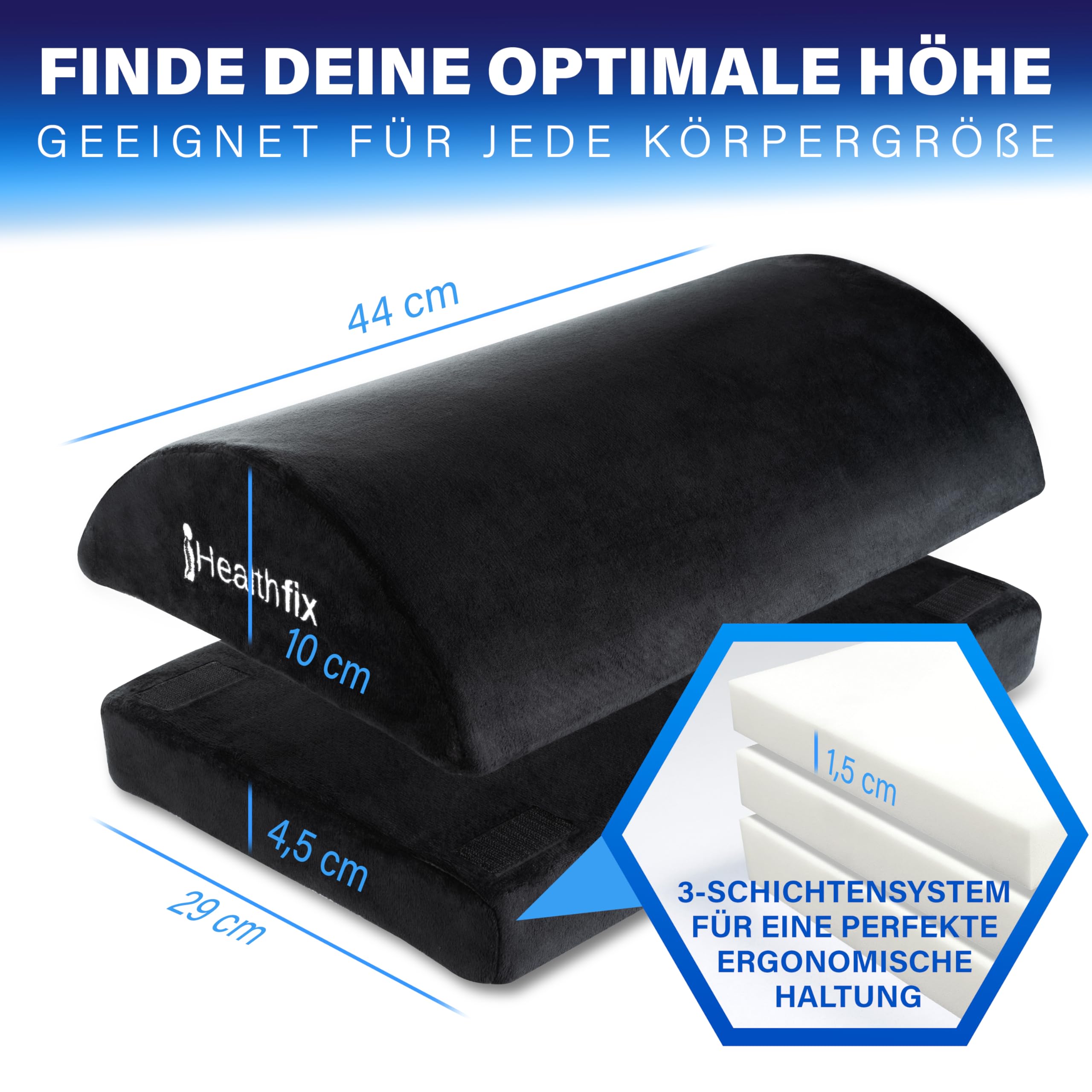 Healthfix® Ergonomische Fußstütze für Schreibtisch & Co. | Verbesserte Sitzhaltung durch höhenverstellbarer Fußablage mit Integrierter flauschigen Fußtasche | Ideal für Büro und Homeoffice