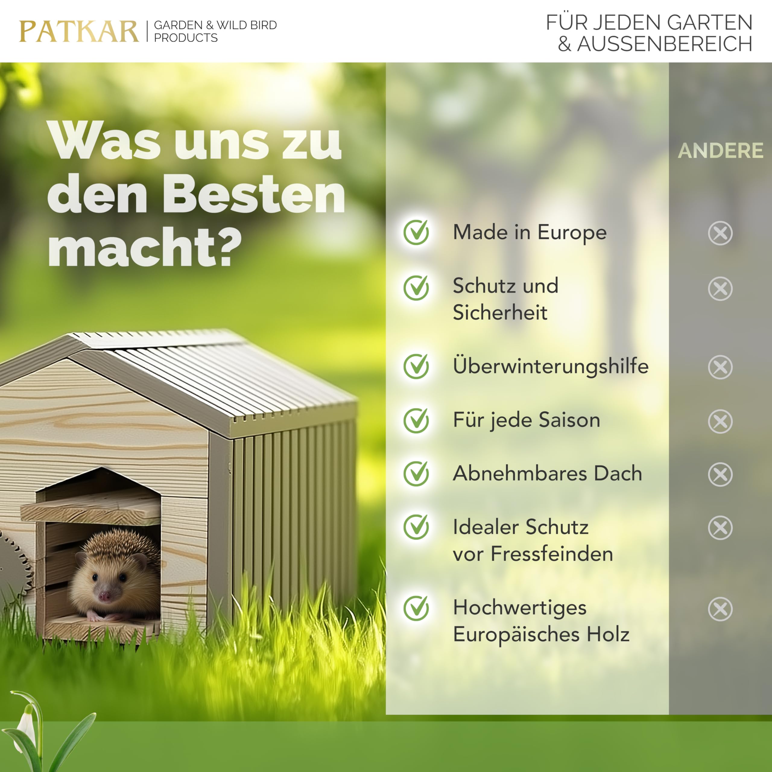 PATKAR Igelhaus Winterfest mit Boden Premium Igelfutterhaus Made in Europe Igel Schlafhaus Igel Futterhaus Igelhotel