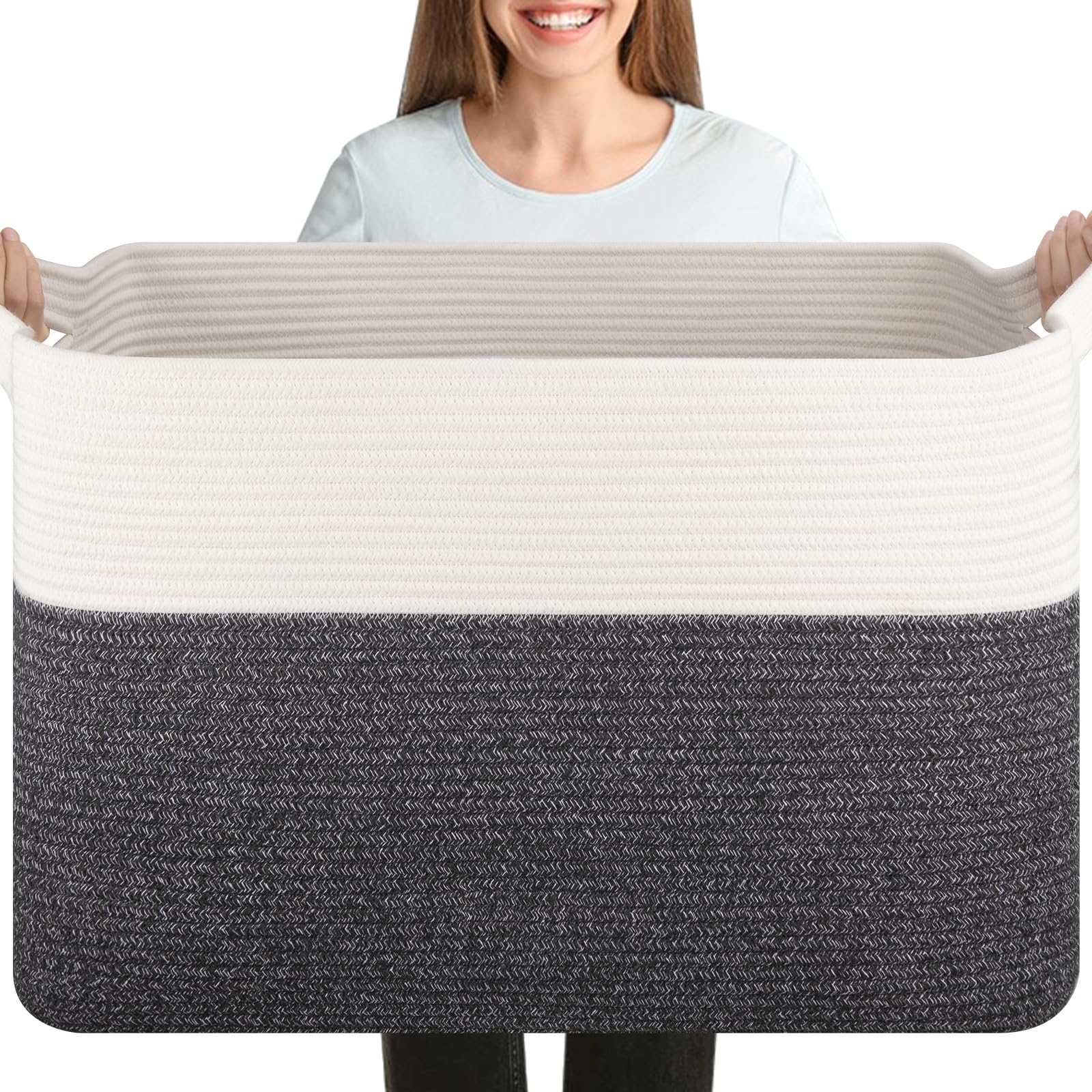Brishtl Xxxl Large Blanket Basket, 108L Cotton Rope Storage Basket For Living Room, Supre Large Toy Baskets For Kids, Woven Basket For Clothes, Towels, Pillows (25" X 16" X 16", Grey And White)