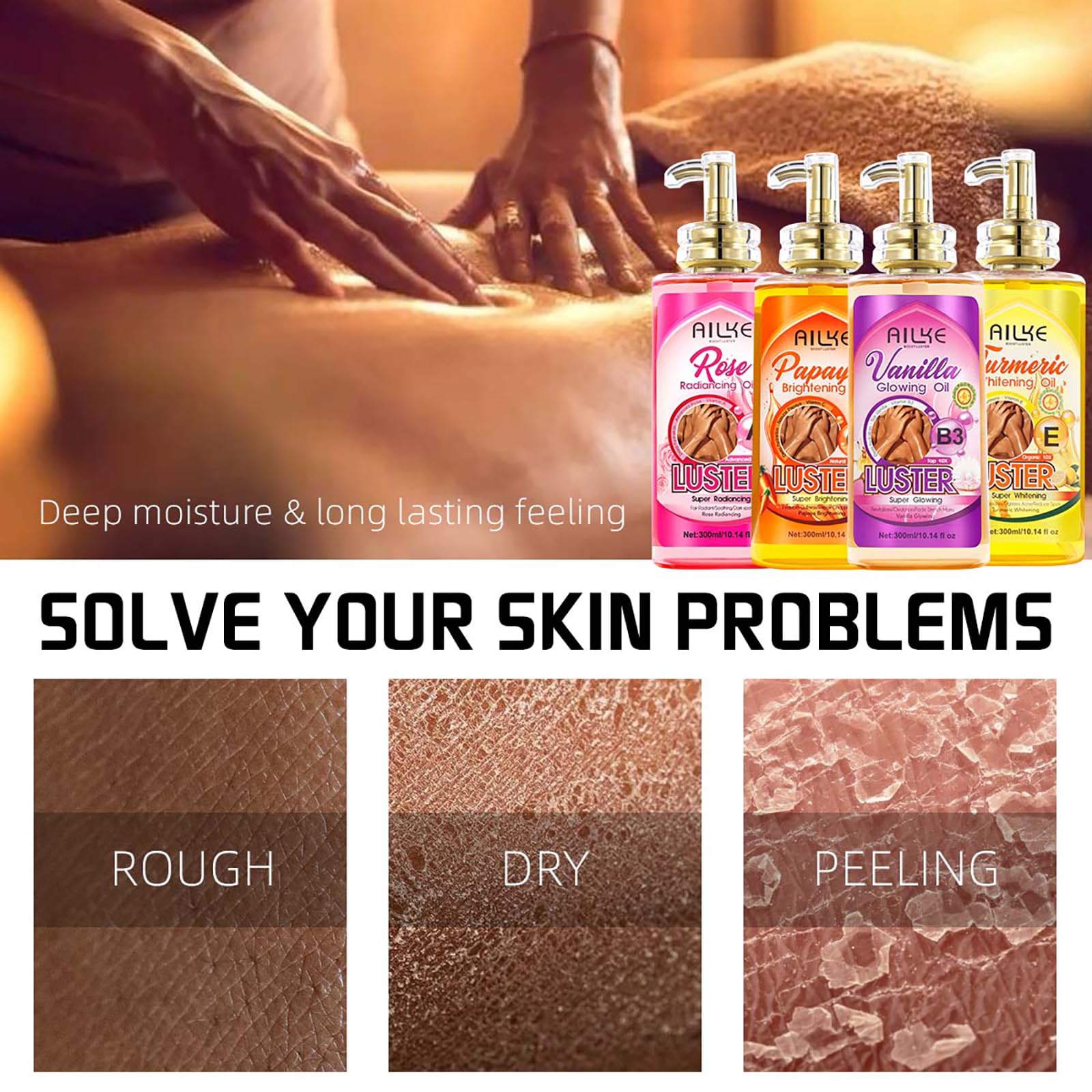 AILKE Brightening Massage Oil, Clean Skin, Moisturizing, Nourishing, Firming And Smoothing Skin, For Face, Body and All Skin Types, 300ml (Pack of 4)