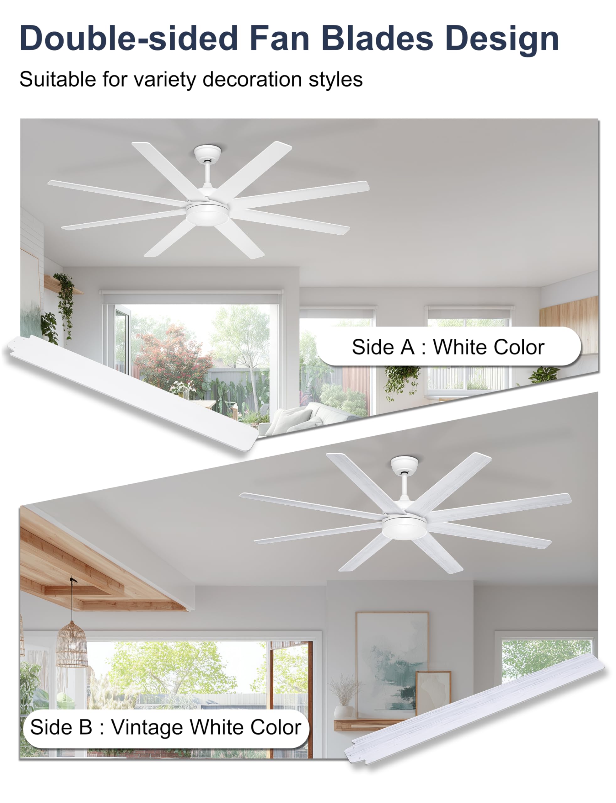 72 Inch Large Ceiling Fans with Lights 8 Blades White Ceiling Fan Remote APP Control Dimmable Reversible Big — view 2