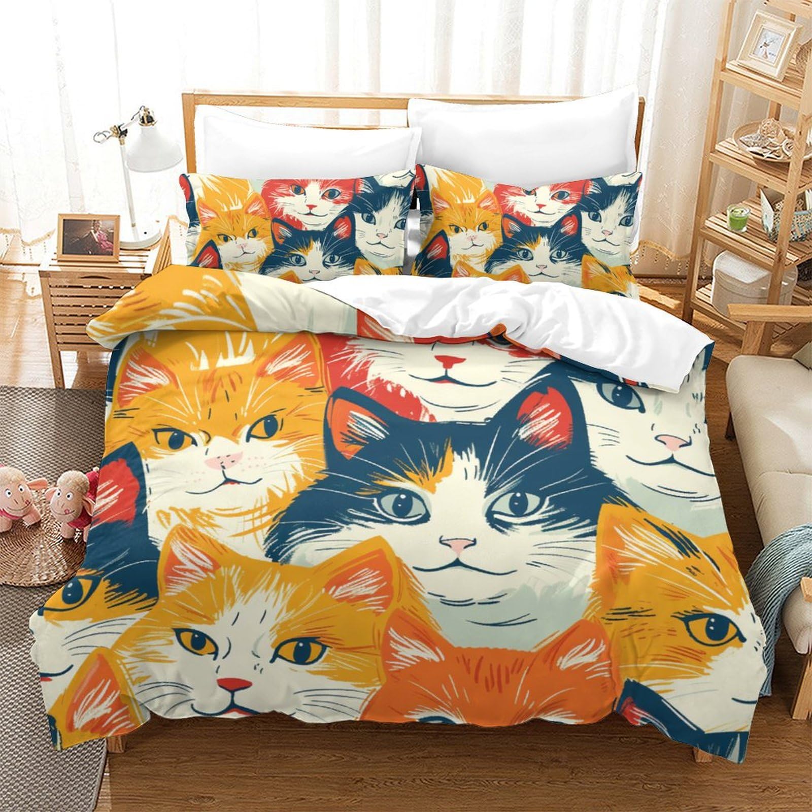 Housse de Couette Chat avec Fermeture Éclair Invisible Parure de Lit Enfant Microfibre