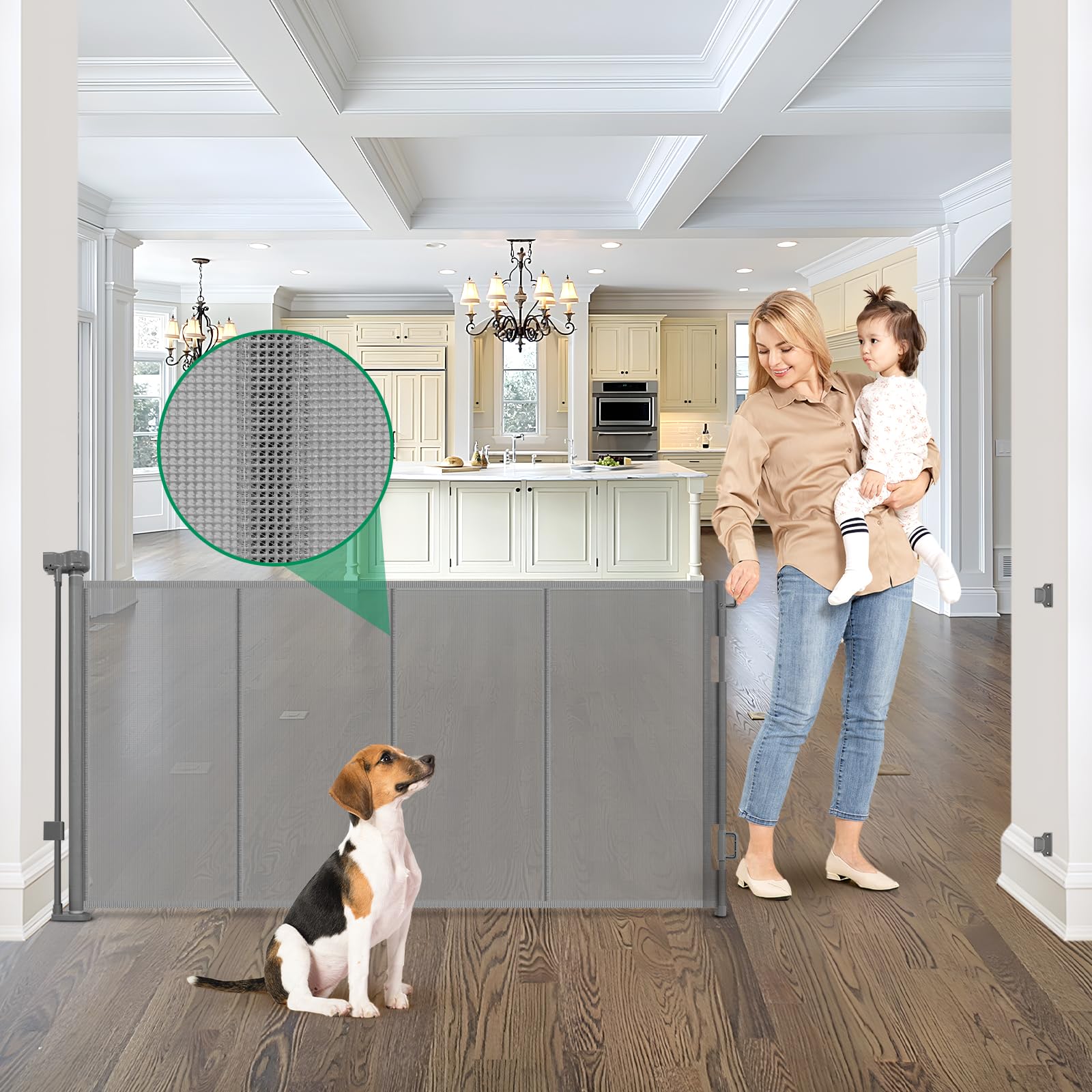 Reinforced 85" Wide Retractable Baby Gates Outdoor Retractable Dog Gate Indoor Mesh Baby Gate Retractable Pet Gate, Extra Wide Dog Gate with Support Rods - Prevent Crawling Under, Gray