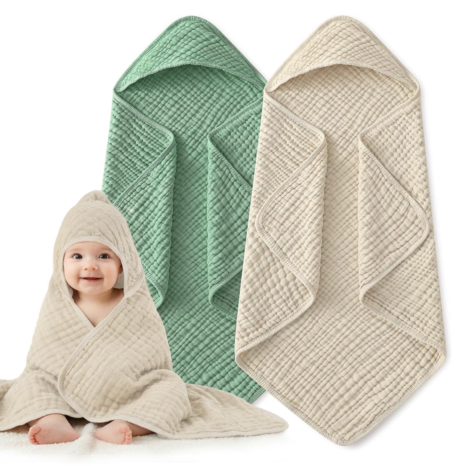 Hooded Baby Bath Towels for Newborn, 2 Pack - 6-Layer 100% Muslin Cotton, Soft Absorbent Baby Towels with Hood for Babies, Infants & Toddlers, Large 32x32 Inch Unisex Newborn Baby Bath Essentials