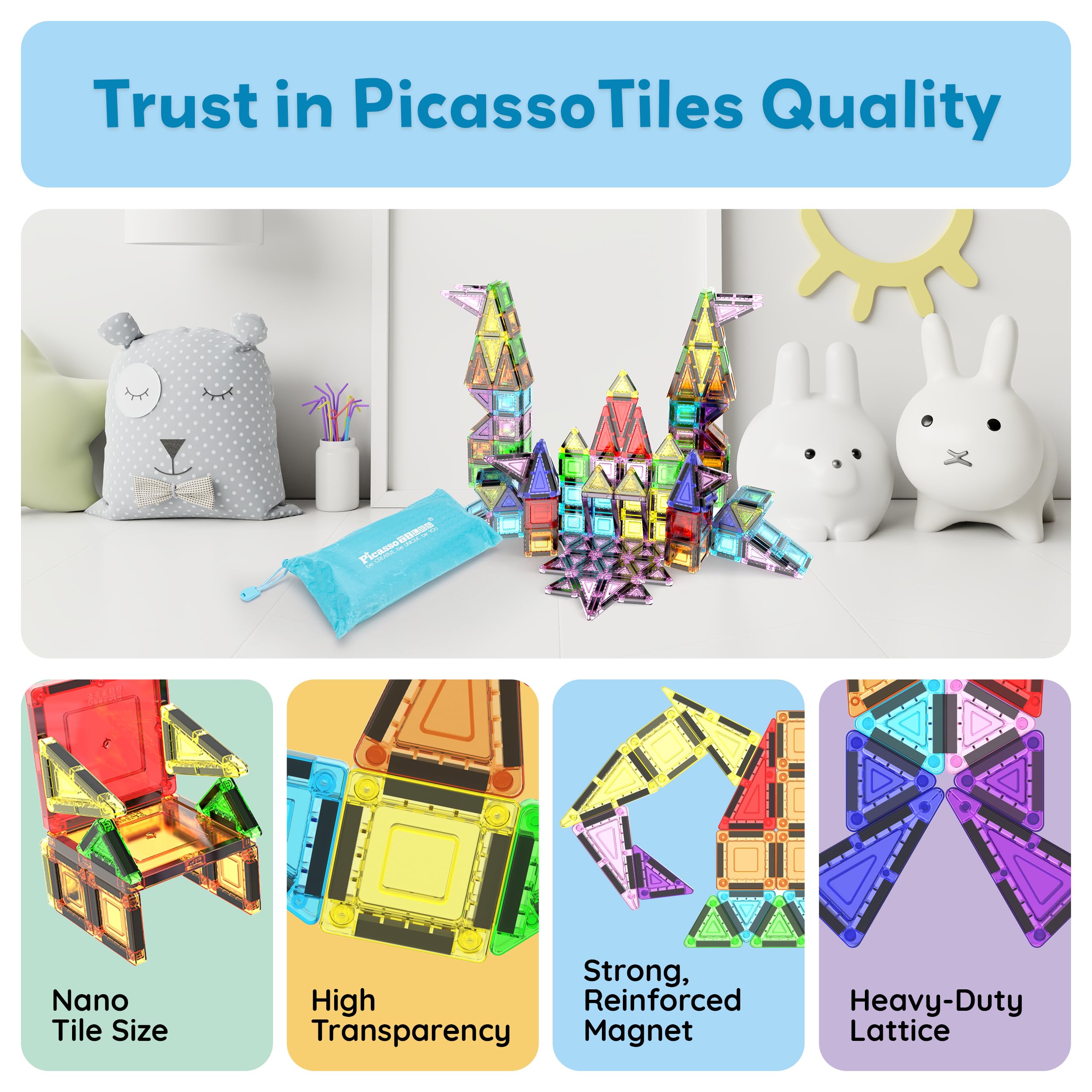 PicassoTiles Juego de 65 piezas de bloques de construcción de juguete portátil de tamaño de viaje nano magnético con bolsa de almacenamiento STEM Montessori para aula, azulejos magnéticos apilables