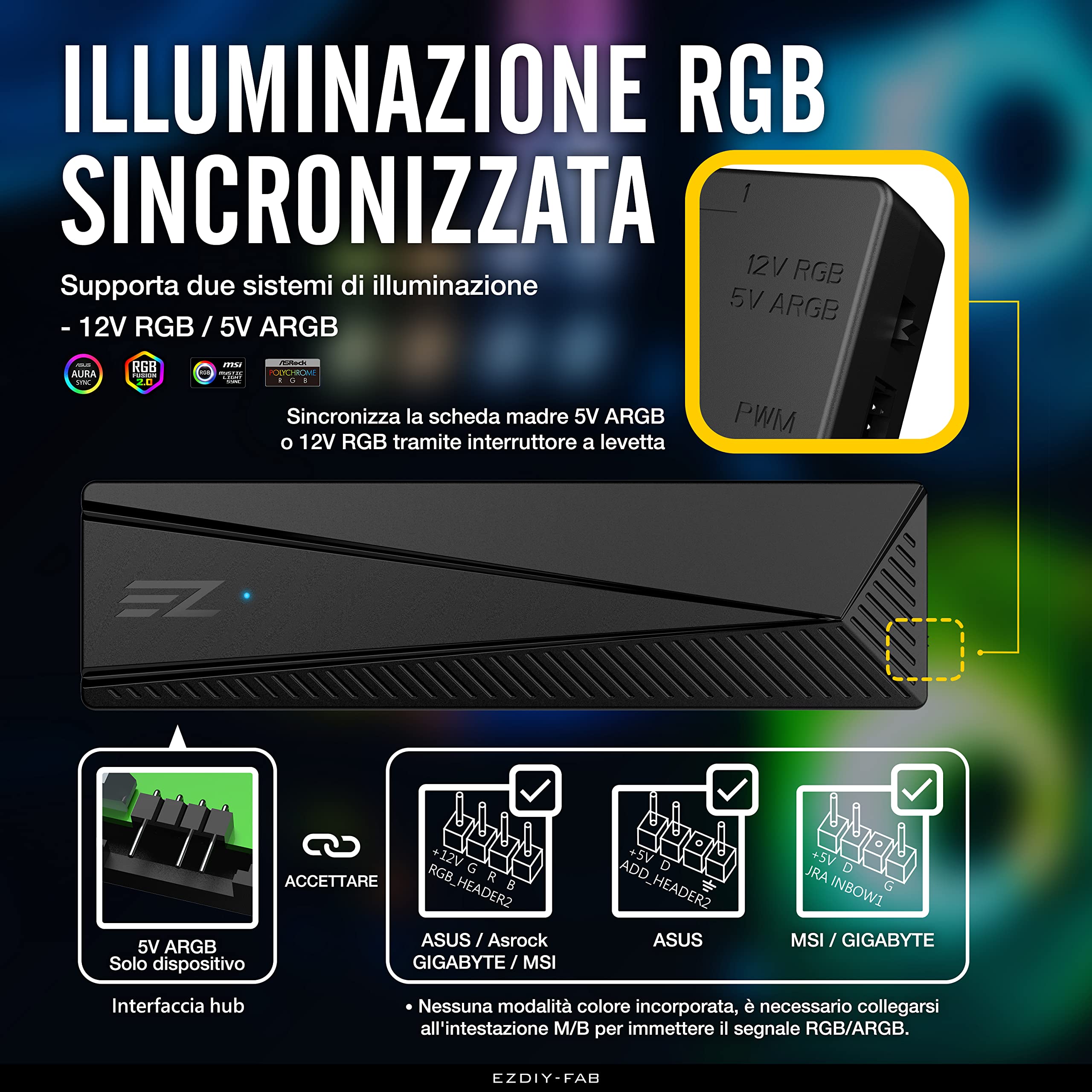 EZDIY-FAB ARGB PWM Fan Hub per Ventola Case PC,8 Porte PWM+8 Porte ARGB,12V RGB/5V ARGB Sincronizzazione Scheda Madre,Adattatore per Ventola Funzionale,Due Sistemi di Illuminazione