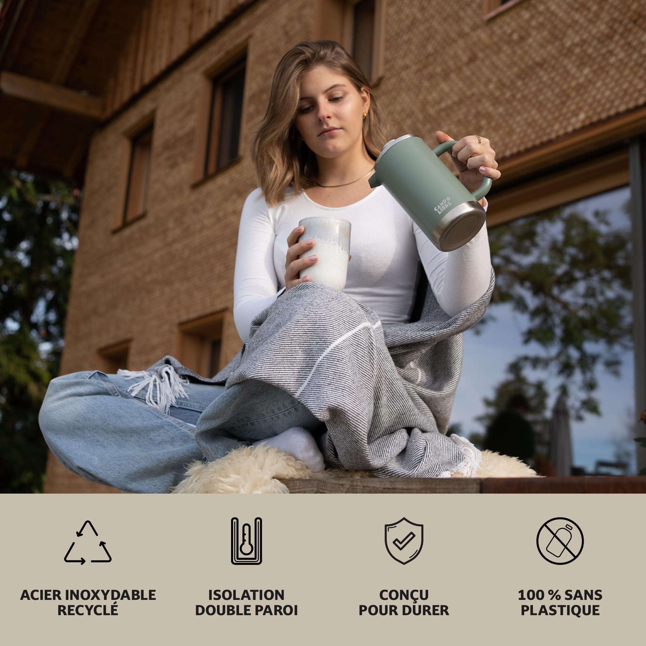 Campo Libre.® GIORGIO – Cafetiere a Piston en Acier Inoxydable Recyclé, Double Paroi Isotherme, Sans Plastique – French Press avec Filtre de Rechange – Passe au Lave-Vaisselle. Vert, 1000ml, 1l
